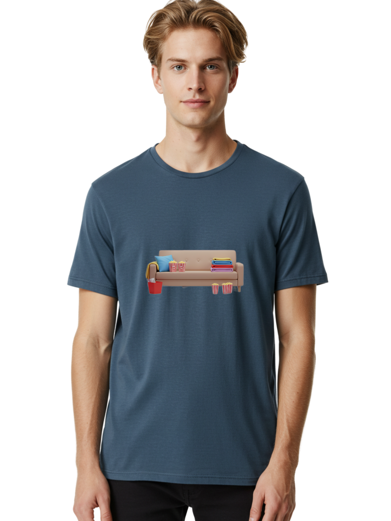 Couch-With-Popcorn Men'S Graphic Tee, 100% Cotton, Comfortable Casual Summer Wear, Machine Washable, Movie Night Setup, Cozy Home Decor, Comfortable Seating, Snacks, Popcorn Buckets, Blankets, Cozy Atmosphere, Living Room, Relaxation, Bab821