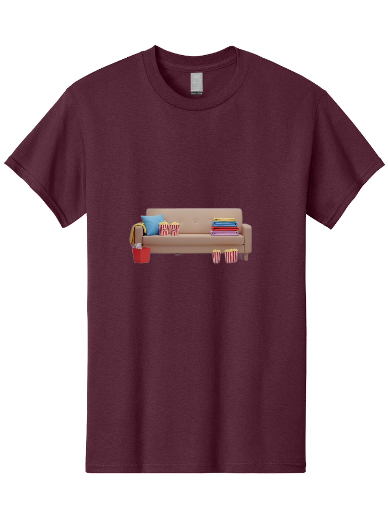 Couch-With-Popcorn Men'S Graphic Tee, 100% Cotton, Comfortable Casual Summer Wear, Machine Washable, Movie Night Setup, Cozy Home Decor, Comfortable Seating, Snacks, Popcorn Buckets, Blankets, Cozy Atmosphere, Living Room, Relaxation, Bab821