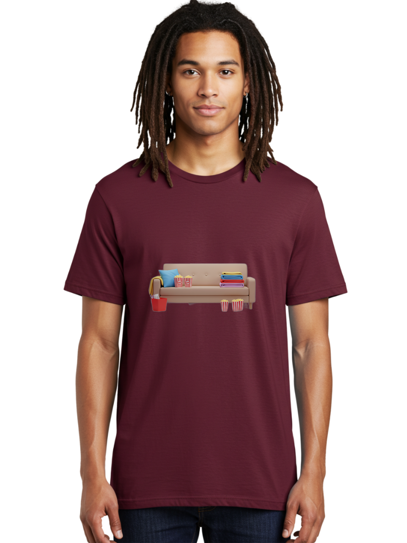 Couch-With-Popcorn Men'S Graphic Tee, 100% Cotton, Comfortable Casual Summer Wear, Machine Washable, Movie Night Setup, Cozy Home Decor, Comfortable Seating, Snacks, Popcorn Buckets, Blankets, Cozy Atmosphere, Living Room, Relaxation, Bab821