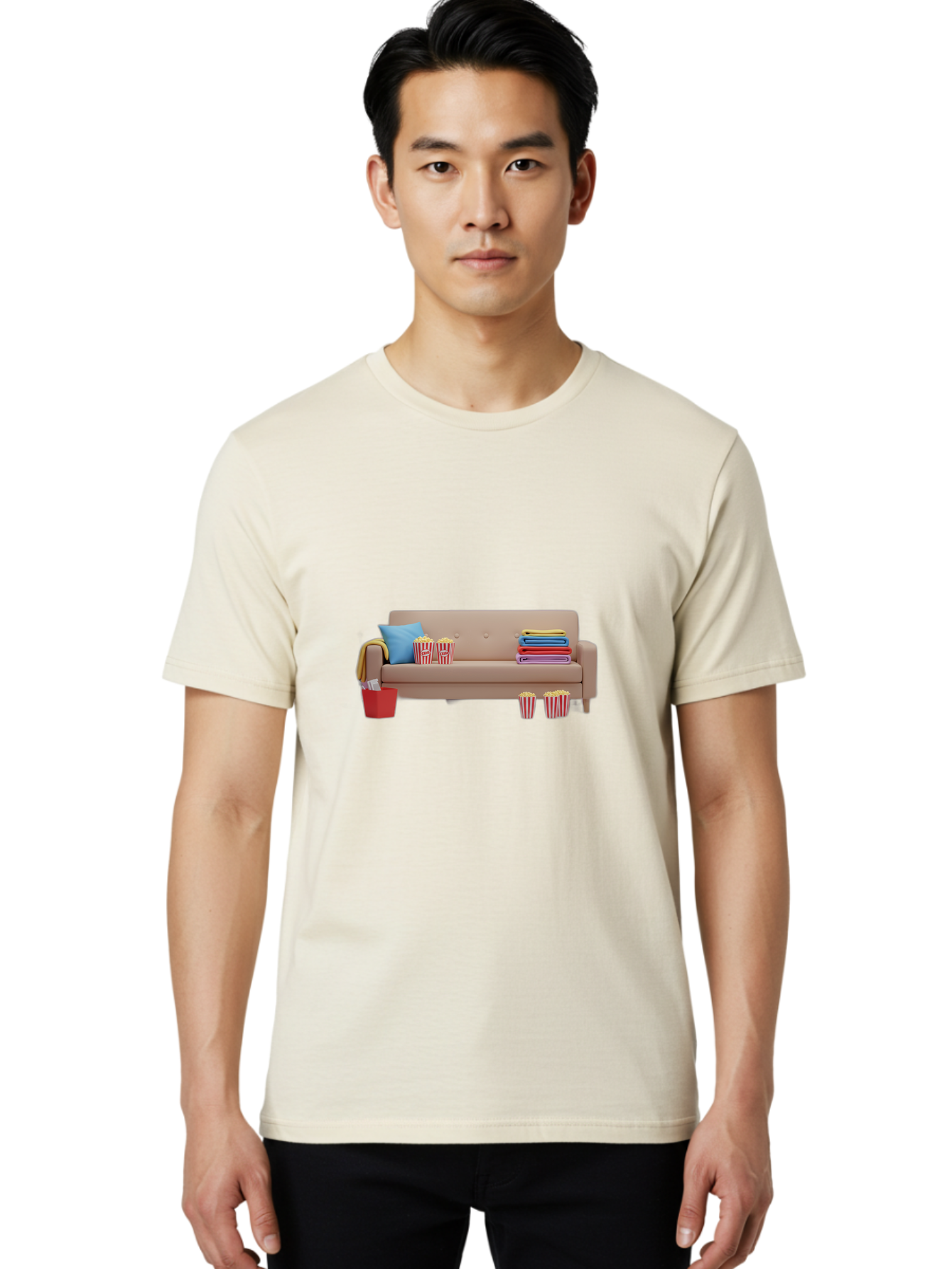 Couch-With-Popcorn Men'S Graphic Tee, 100% Cotton, Comfortable Casual Summer Wear, Machine Washable, Movie Night Setup, Cozy Home Decor, Comfortable Seating, Snacks, Popcorn Buckets, Blankets, Cozy Atmosphere, Living Room, Relaxation, Bab821