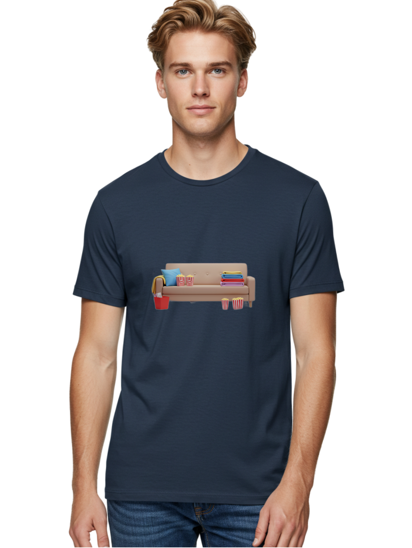 Couch-With-Popcorn Men'S Graphic Tee, 100% Cotton, Comfortable Casual Summer Wear, Machine Washable, Movie Night Setup, Cozy Home Decor, Comfortable Seating, Snacks, Popcorn Buckets, Blankets, Cozy Atmosphere, Living Room, Relaxation, Bab821