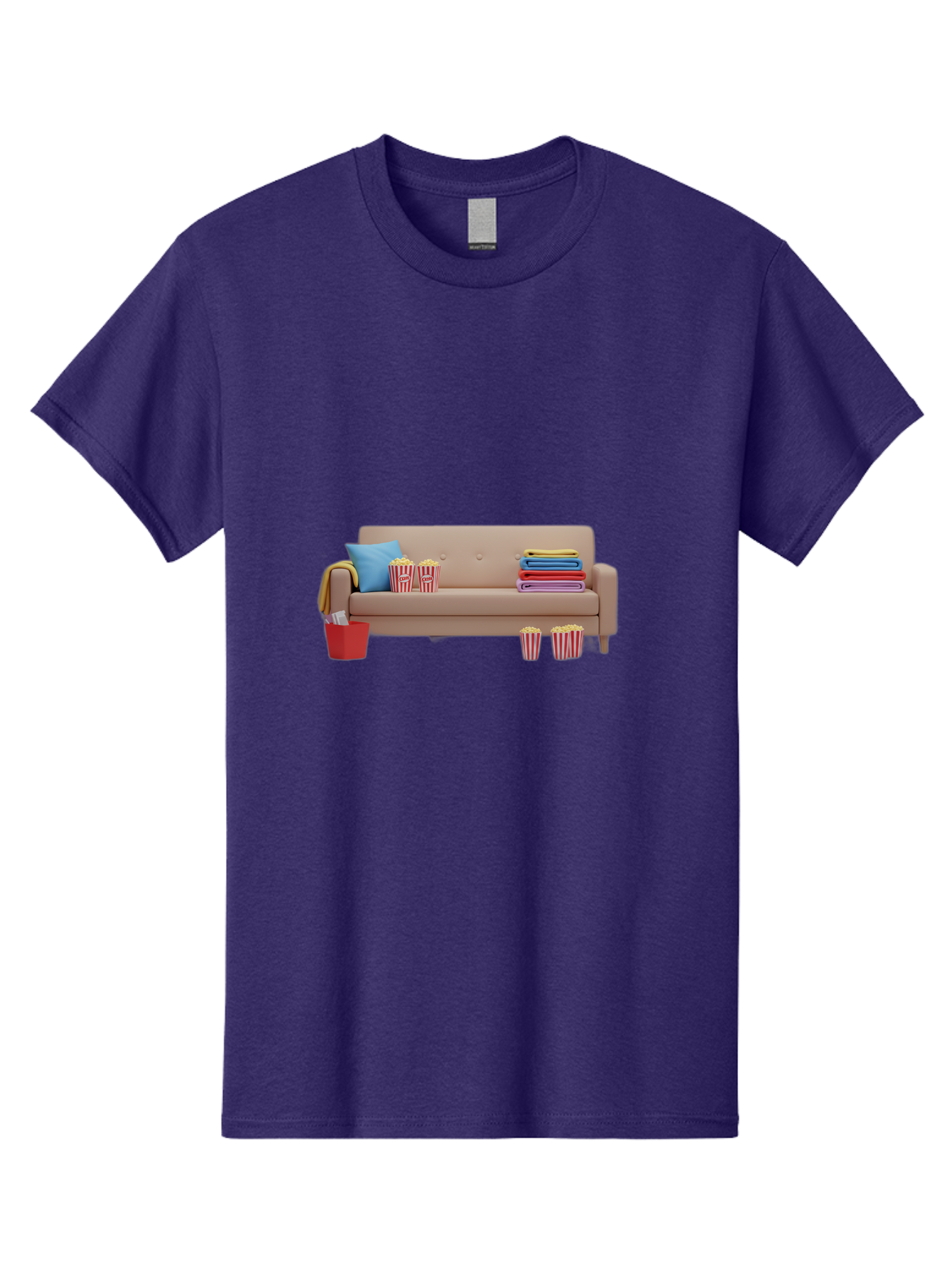 Couch-With-Popcorn Men'S Graphic Tee, 100% Cotton, Comfortable Casual Summer Wear, Machine Washable, Movie Night Setup, Cozy Home Decor, Comfortable Seating, Snacks, Popcorn Buckets, Blankets, Cozy Atmosphere, Living Room, Relaxation, Bab821