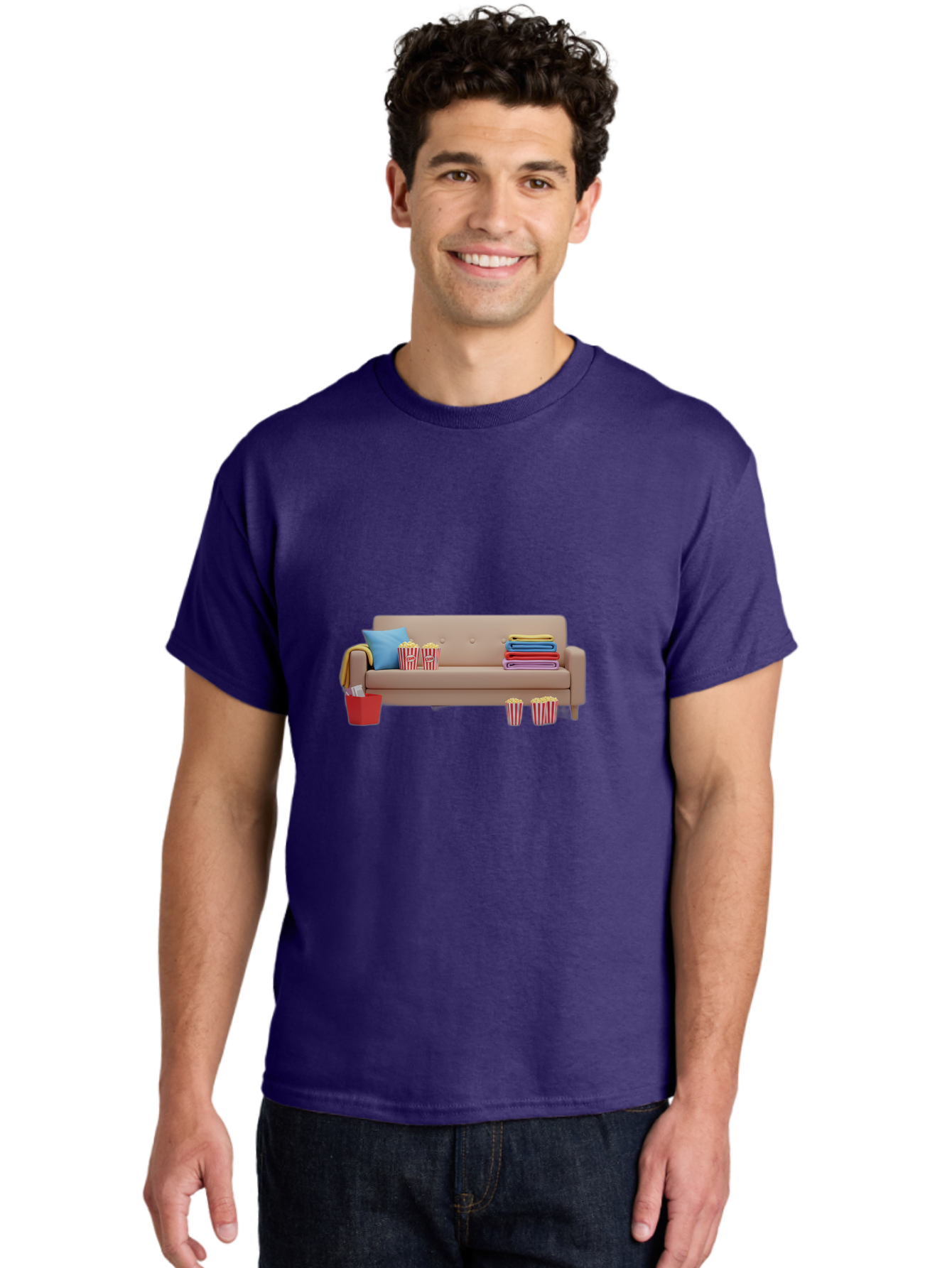 Couch-With-Popcorn Men'S Graphic Tee, 100% Cotton, Comfortable Casual Summer Wear, Machine Washable, Movie Night Setup, Cozy Home Decor, Comfortable Seating, Snacks, Popcorn Buckets, Blankets, Cozy Atmosphere, Living Room, Relaxation, Bab821