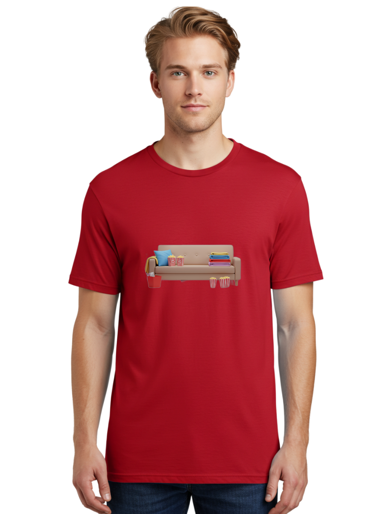 Couch-With-Popcorn Men'S Graphic Tee, 100% Cotton, Comfortable Casual Summer Wear, Machine Washable, Movie Night Setup, Cozy Home Decor, Comfortable Seating, Snacks, Popcorn Buckets, Blankets, Cozy Atmosphere, Living Room, Relaxation, Bab821