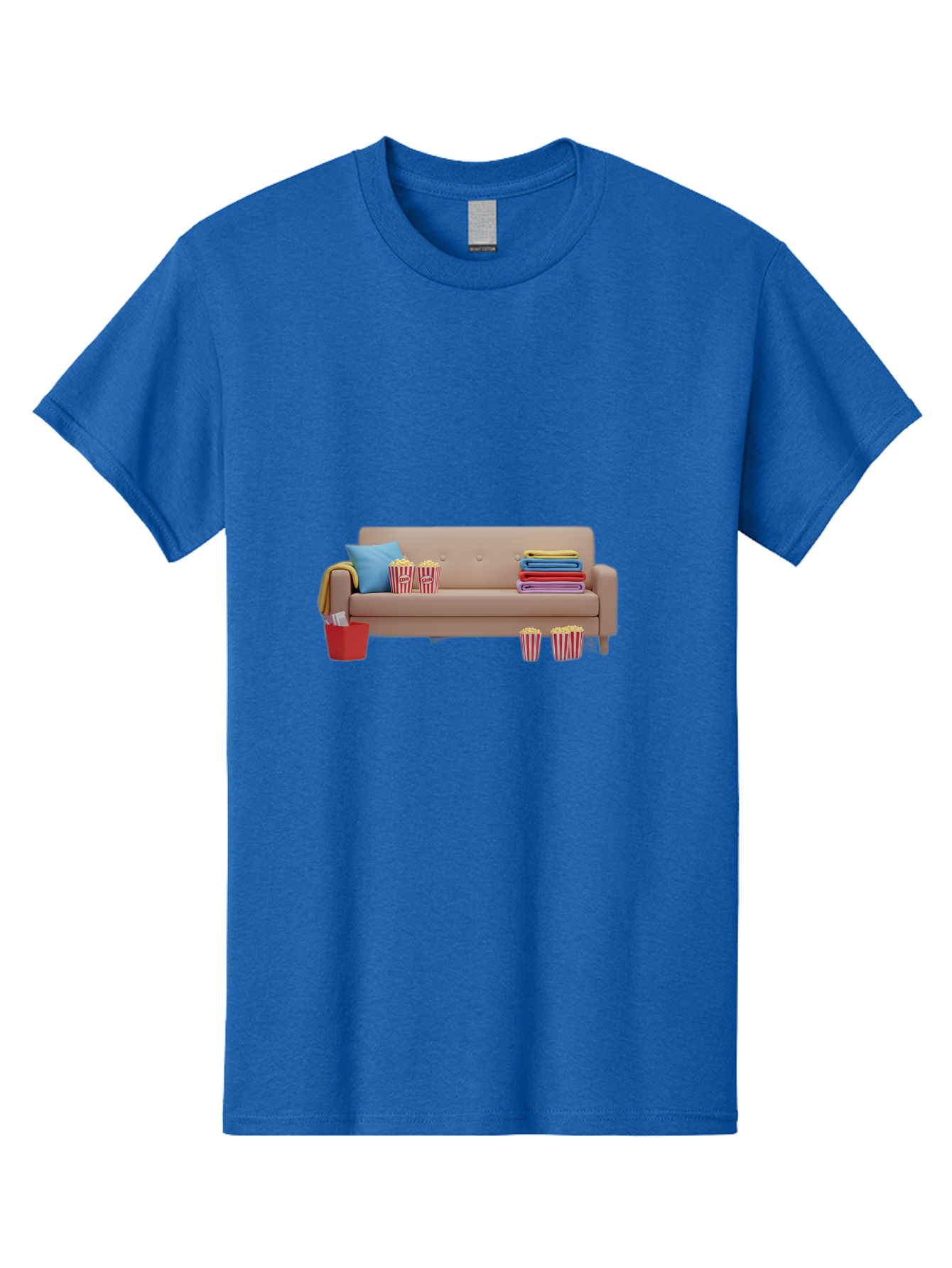 Couch-With-Popcorn Men'S Graphic Tee, 100% Cotton, Comfortable Casual Summer Wear, Machine Washable, Movie Night Setup, Cozy Home Decor, Comfortable Seating, Snacks, Popcorn Buckets, Blankets, Cozy Atmosphere, Living Room, Relaxation, Bab821
