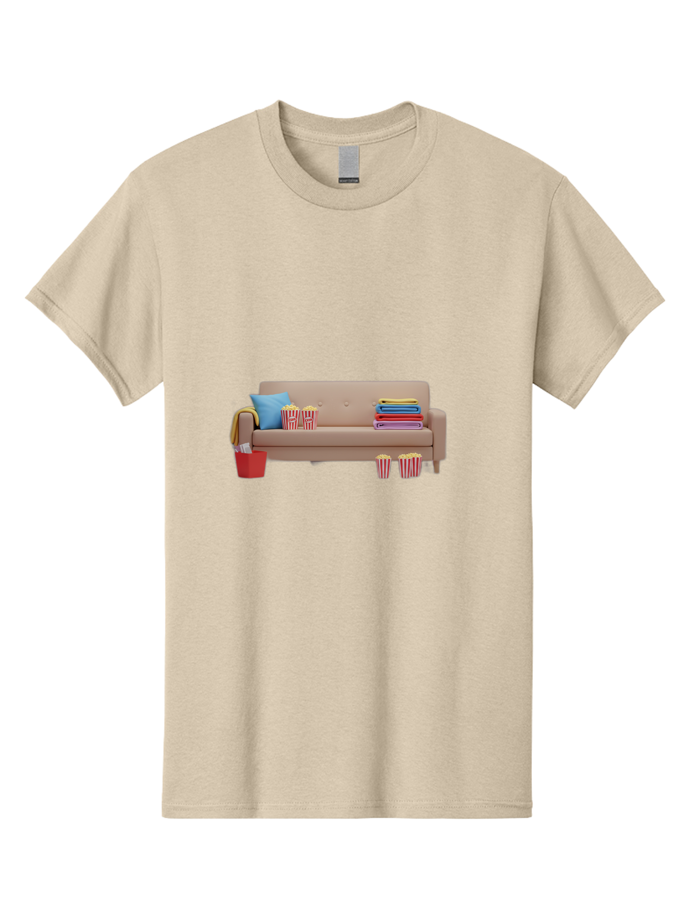 Couch-With-Popcorn Men'S Graphic Tee, 100% Cotton, Comfortable Casual Summer Wear, Machine Washable, Movie Night Setup, Cozy Home Decor, Comfortable Seating, Snacks, Popcorn Buckets, Blankets, Cozy Atmosphere, Living Room, Relaxation, Bab821