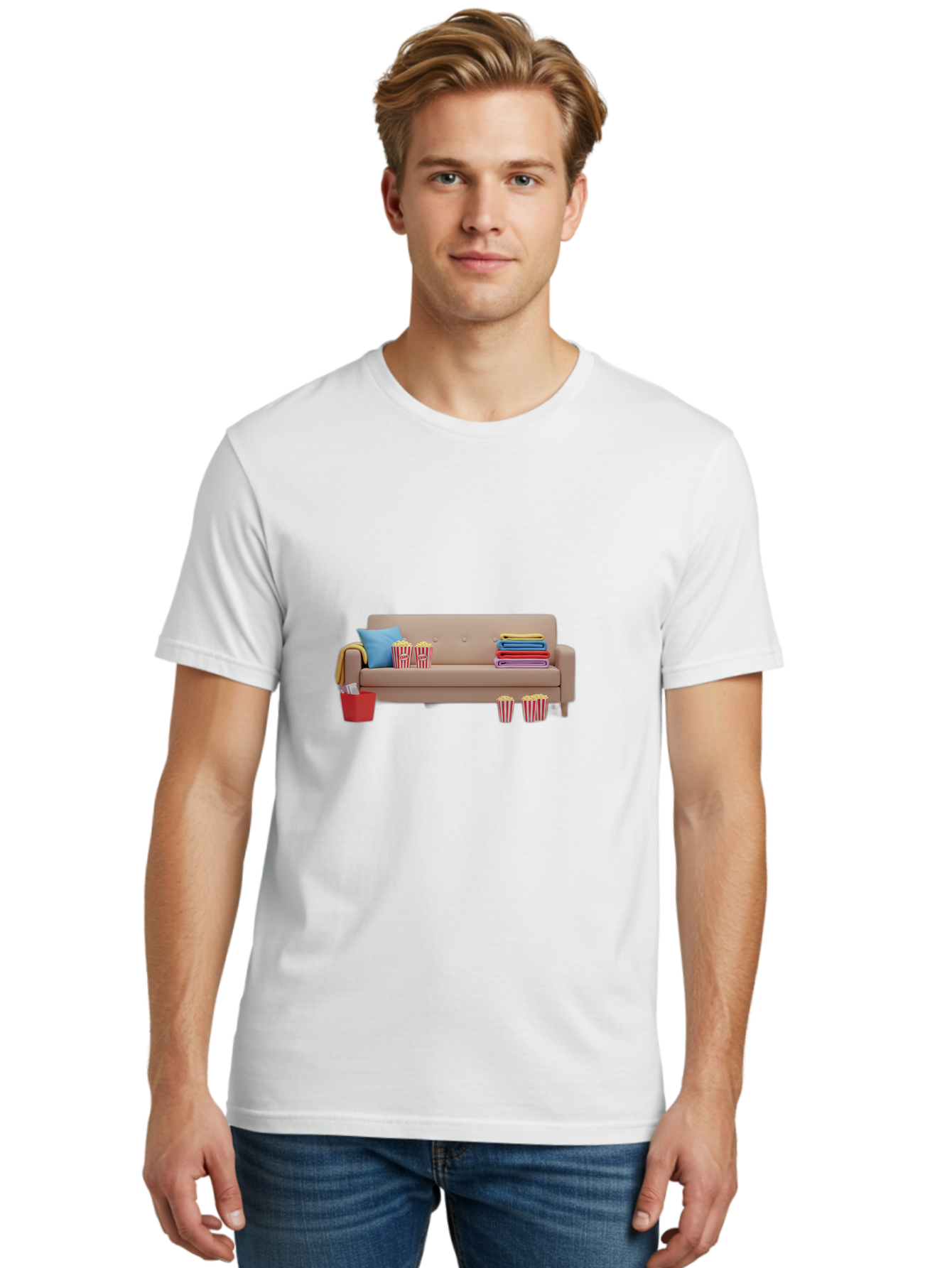 Couch-With-Popcorn Men'S Graphic Tee, 100% Cotton, Comfortable Casual Summer Wear, Machine Washable, Movie Night Setup, Cozy Home Decor, Comfortable Seating, Snacks, Popcorn Buckets, Blankets, Cozy Atmosphere, Living Room, Relaxation, Bab821