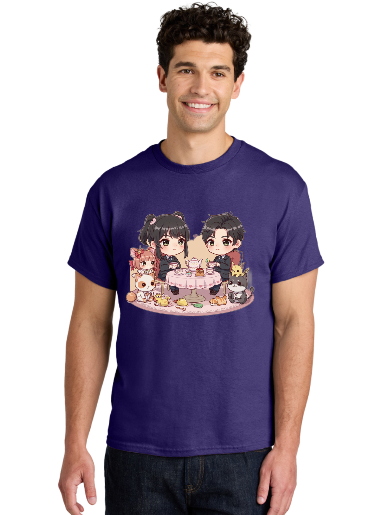 Couple-Having-Tea Men'S Graphic Tee, 100% Cotton, Comfortable Casual Summer Wear, Machine Washable, Couple Having Tea, Cartoon Characters, Anime Style, Tea Party, Adorable Animals, Heartwarming Scene, Tea Cups, Teapot, Sweet Treats, Bab822