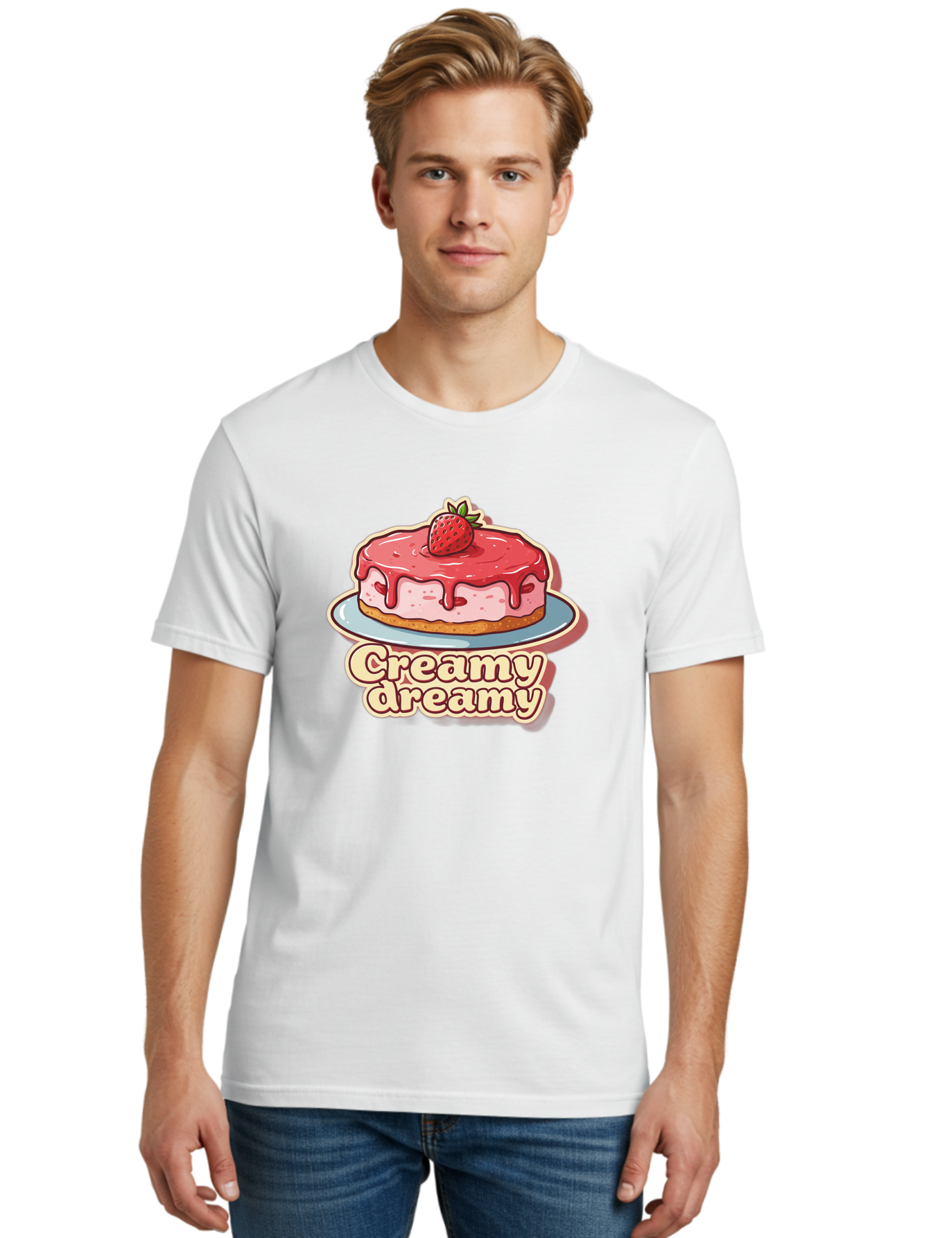 Creamy-Dreamy Men'S Graphic Tee, 100% Cotton, Comfortable Casual Summer Wear, Machine Washable, Strawberry Cheesecake, Sweet Treats, Dessert Lover, Pink Frosting, Strawberry Topping, Creamy Texture, Dreamy Delights, Foodie Art, Bab823