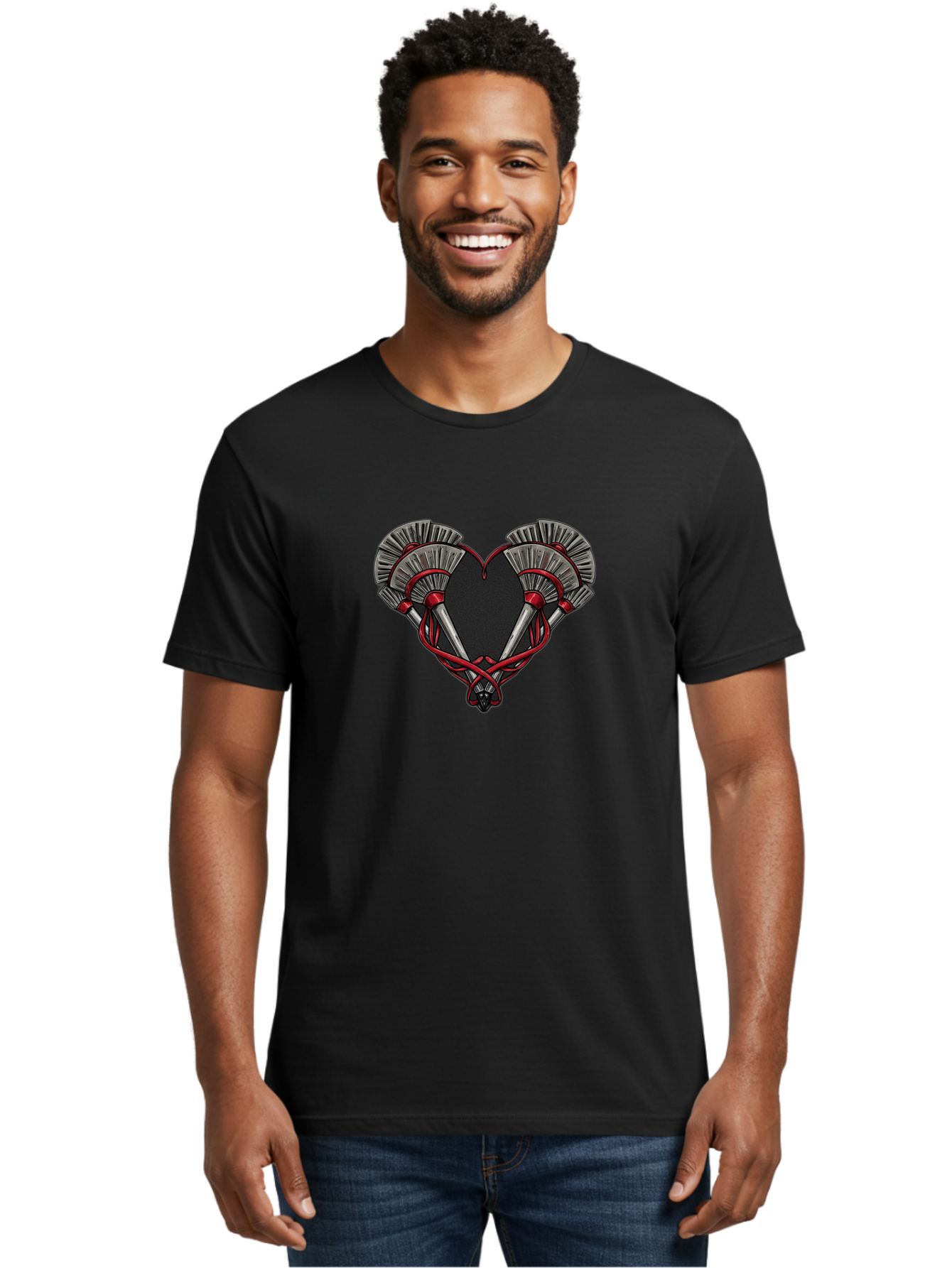 Crossed-Swords-In-Heart Men'S Graphic Tee, 100% Cotton, Comfortable Casual Summer Wear, Machine Washable, Crossed Daggers, Heart Shape, Red Ribbon, Black Heart, Dagger Blades, Silver Handles, Red Accents, Gothic Design, Symbolic Artwork, Bab824