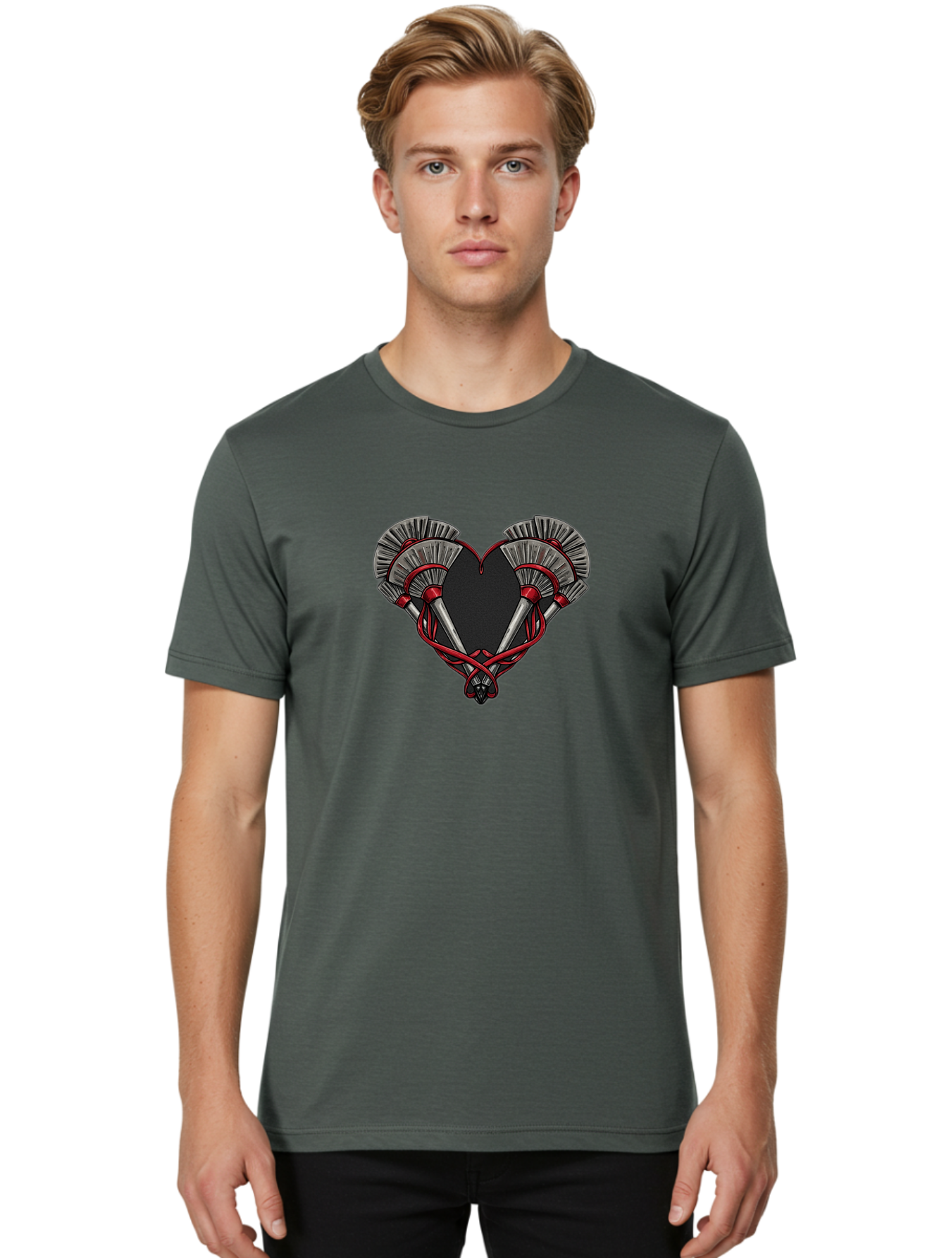 Crossed-Swords-In-Heart Men'S Graphic Tee, 100% Cotton, Comfortable Casual Summer Wear, Machine Washable, Crossed Daggers, Heart Shape, Red Ribbon, Black Heart, Dagger Blades, Silver Handles, Red Accents, Gothic Design, Symbolic Artwork, Bab824