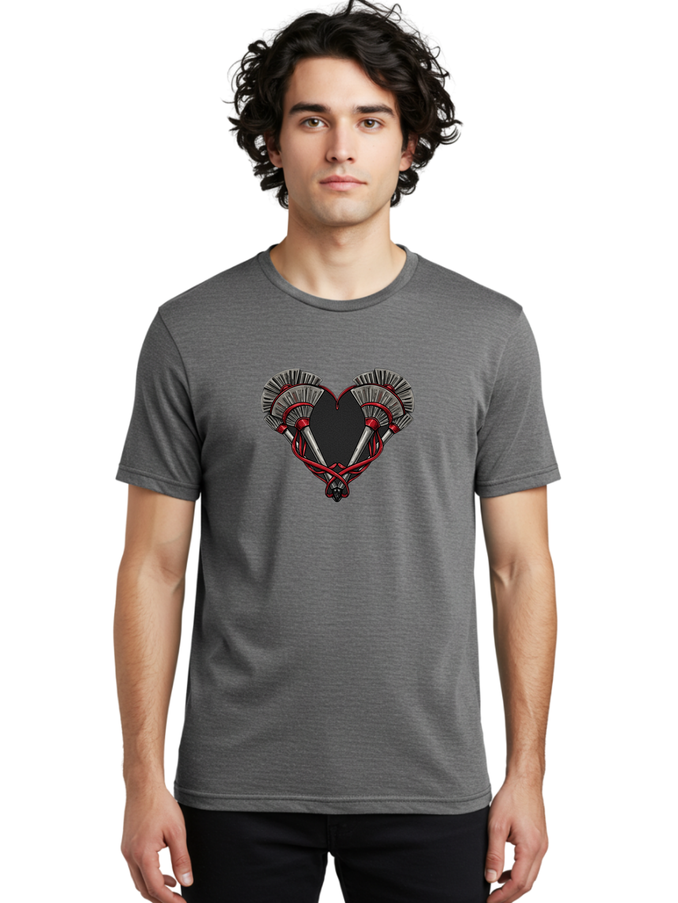 Crossed-Swords-In-Heart Men'S Graphic Tee, 100% Cotton, Comfortable Casual Summer Wear, Machine Washable, Crossed Daggers, Heart Shape, Red Ribbon, Black Heart, Dagger Blades, Silver Handles, Red Accents, Gothic Design, Symbolic Artwork, Bab824