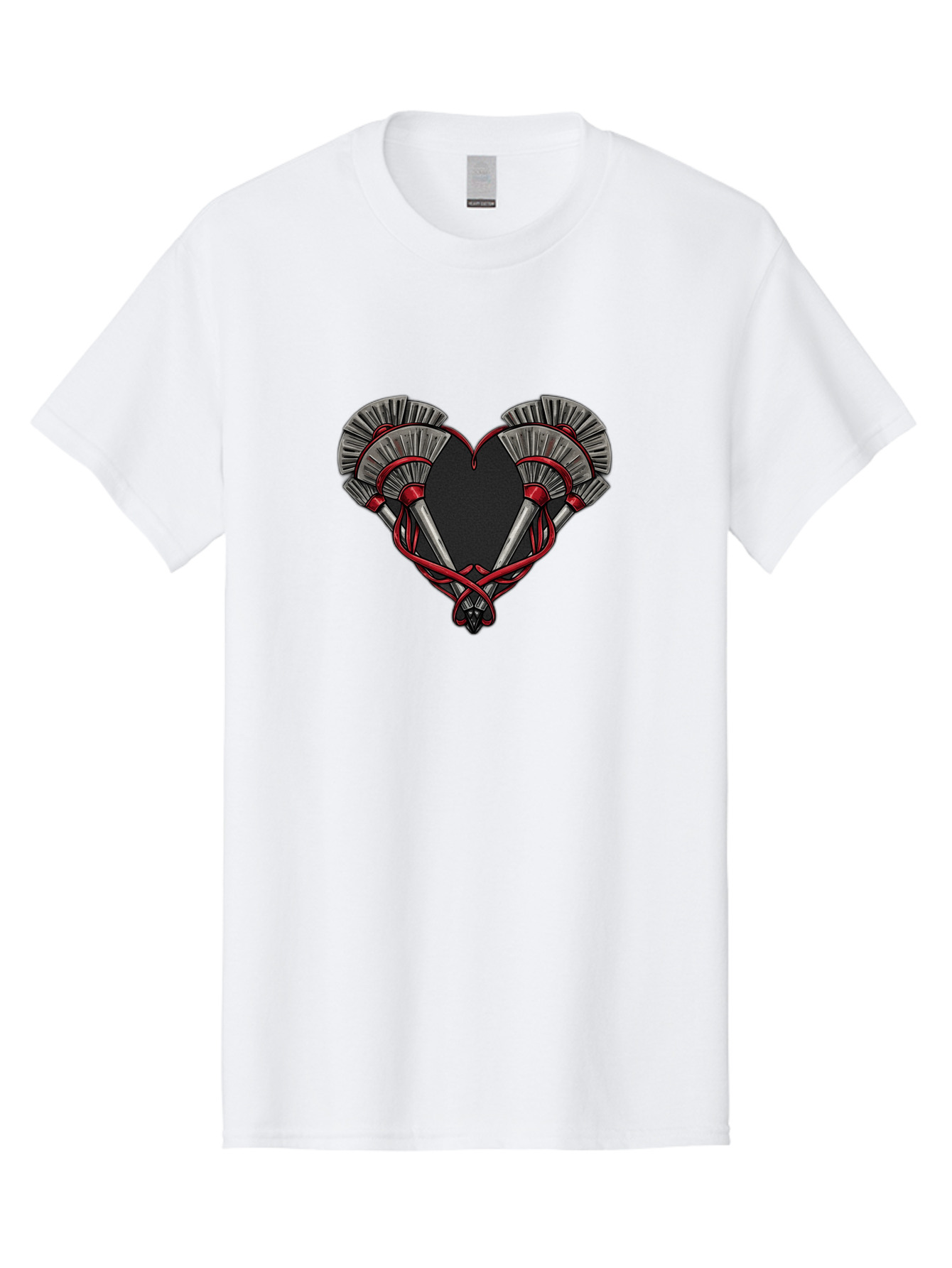 Crossed-Swords-In-Heart Men'S Graphic Tee, 100% Cotton, Comfortable Casual Summer Wear, Machine Washable, Crossed Daggers, Heart Shape, Red Ribbon, Black Heart, Dagger Blades, Silver Handles, Red Accents, Gothic Design, Symbolic Artwork, Bab824