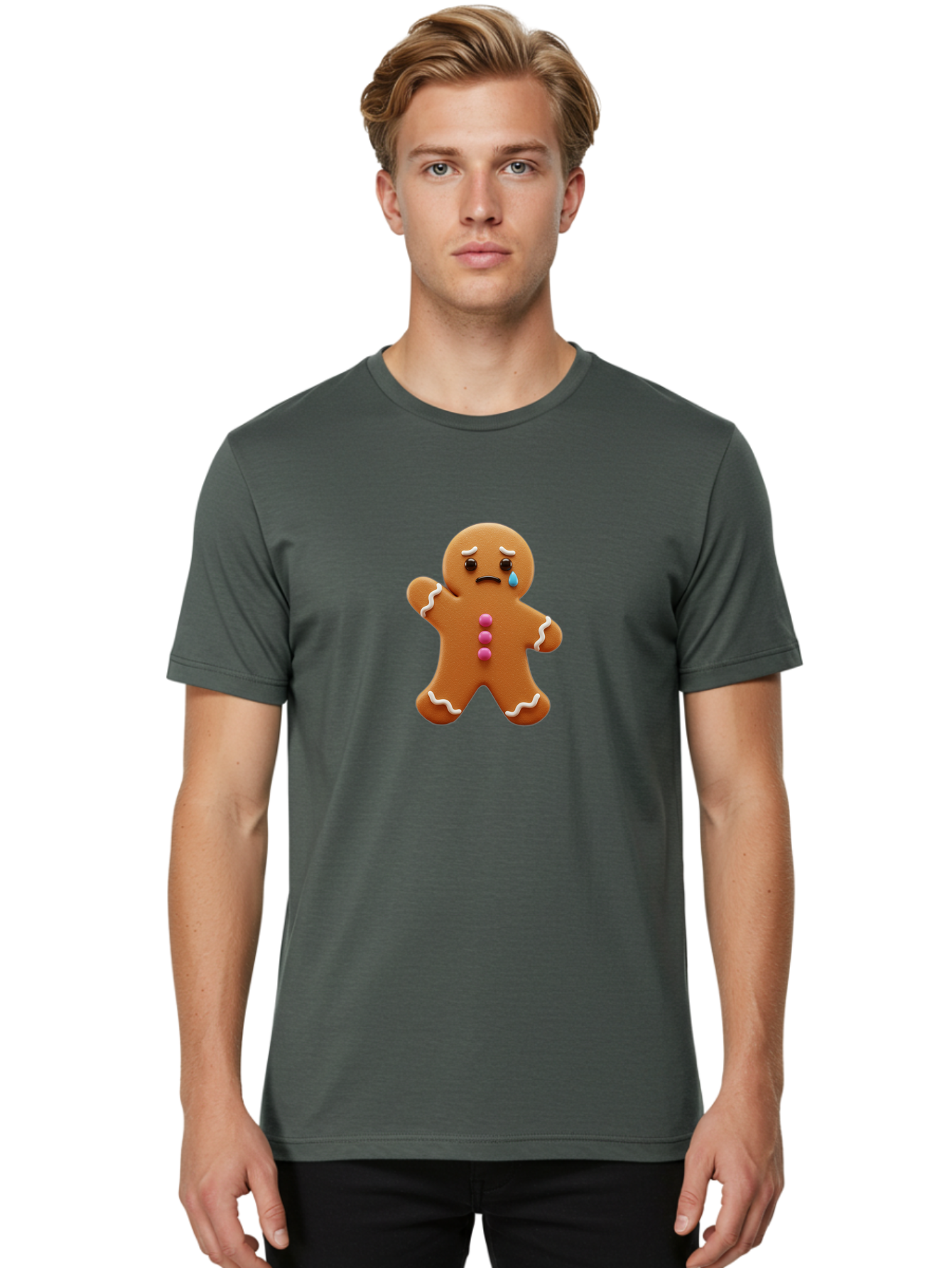 Crying-Gingerbread-Man Men'S Graphic Tee, 100% Cotton, Comfortable Casual Summer Wear, Machine Washable, Gingerbread Man, Sad Face, Crying, Unhappy Expression, Frowning, Pink Candy Buttons, White Icing Details, Cartoon Character, Bab825