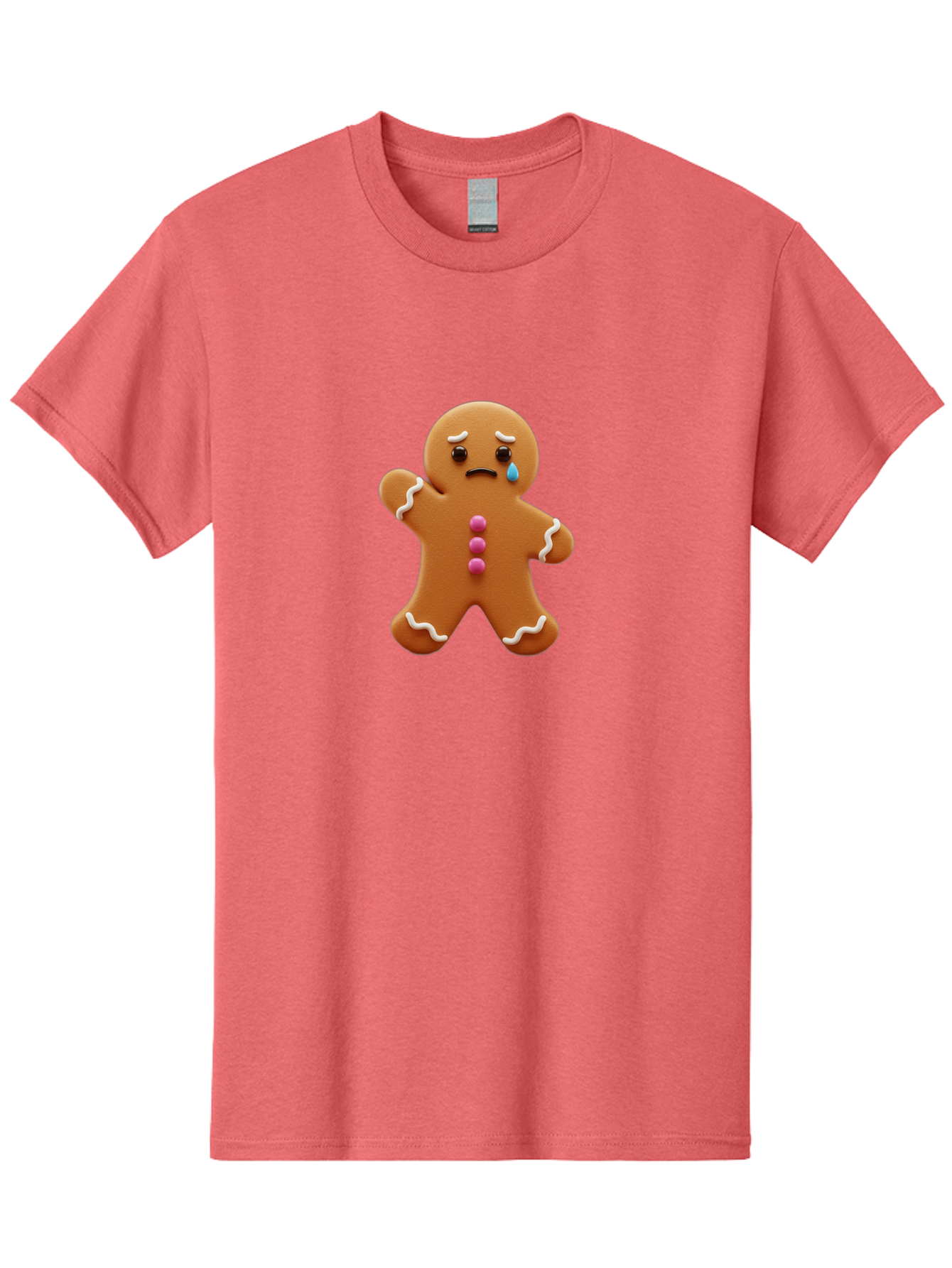 Crying-Gingerbread-Man Men'S Graphic Tee, 100% Cotton, Comfortable Casual Summer Wear, Machine Washable, Gingerbread Man, Sad Face, Crying, Unhappy Expression, Frowning, Pink Candy Buttons, White Icing Details, Cartoon Character, Bab825