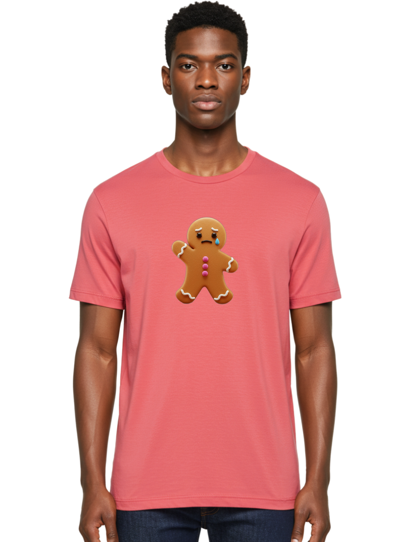 Crying-Gingerbread-Man Men'S Graphic Tee, 100% Cotton, Comfortable Casual Summer Wear, Machine Washable, Gingerbread Man, Sad Face, Crying, Unhappy Expression, Frowning, Pink Candy Buttons, White Icing Details, Cartoon Character, Bab825
