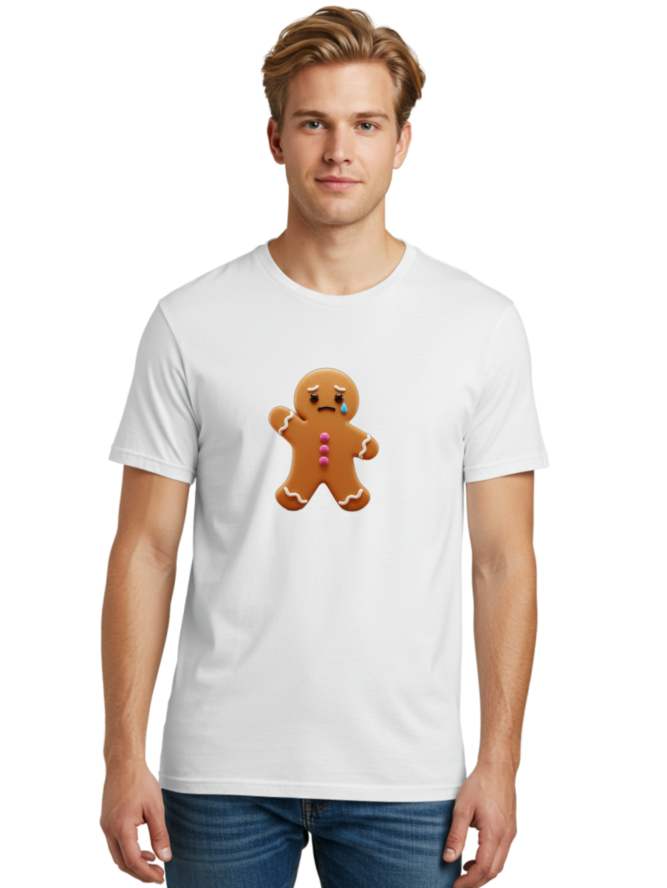 Crying-Gingerbread-Man Men'S Graphic Tee, 100% Cotton, Comfortable Casual Summer Wear, Machine Washable, Gingerbread Man, Sad Face, Crying, Unhappy Expression, Frowning, Pink Candy Buttons, White Icing Details, Cartoon Character, Bab825