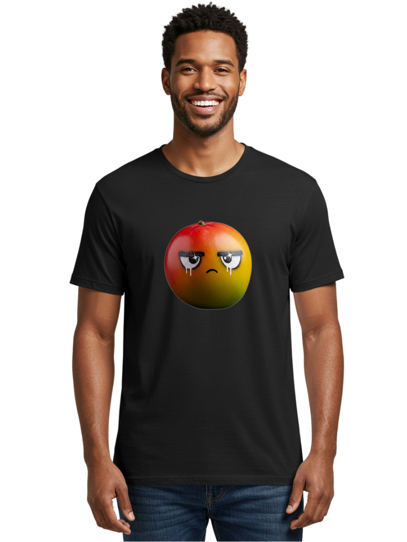 Crying-Mango-1 Men'S Graphic Tee, 100% Cotton, Comfortable Casual Summer Wear, Machine Washable, Mango With Sad Face, Crying Fruit, Distressed Expression, Emotional Fruit, Vibrant Colors, Artistic Design, Creative Illustration, Digital Art, Bab826
