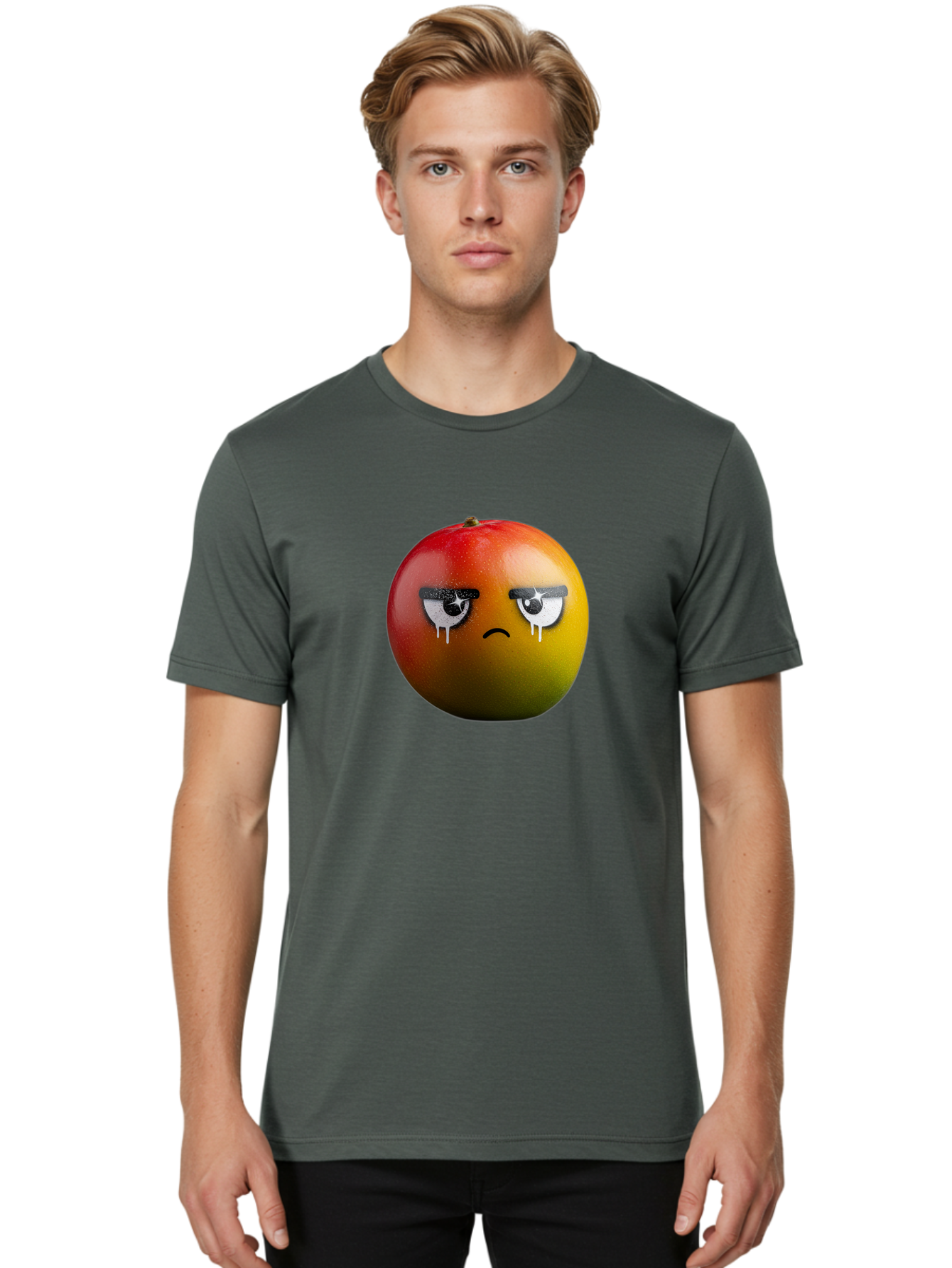 Crying-Mango-1 Men'S Graphic Tee, 100% Cotton, Comfortable Casual Summer Wear, Machine Washable, Mango With Sad Face, Crying Fruit, Distressed Expression, Emotional Fruit, Vibrant Colors, Artistic Design, Creative Illustration, Digital Art, Bab826