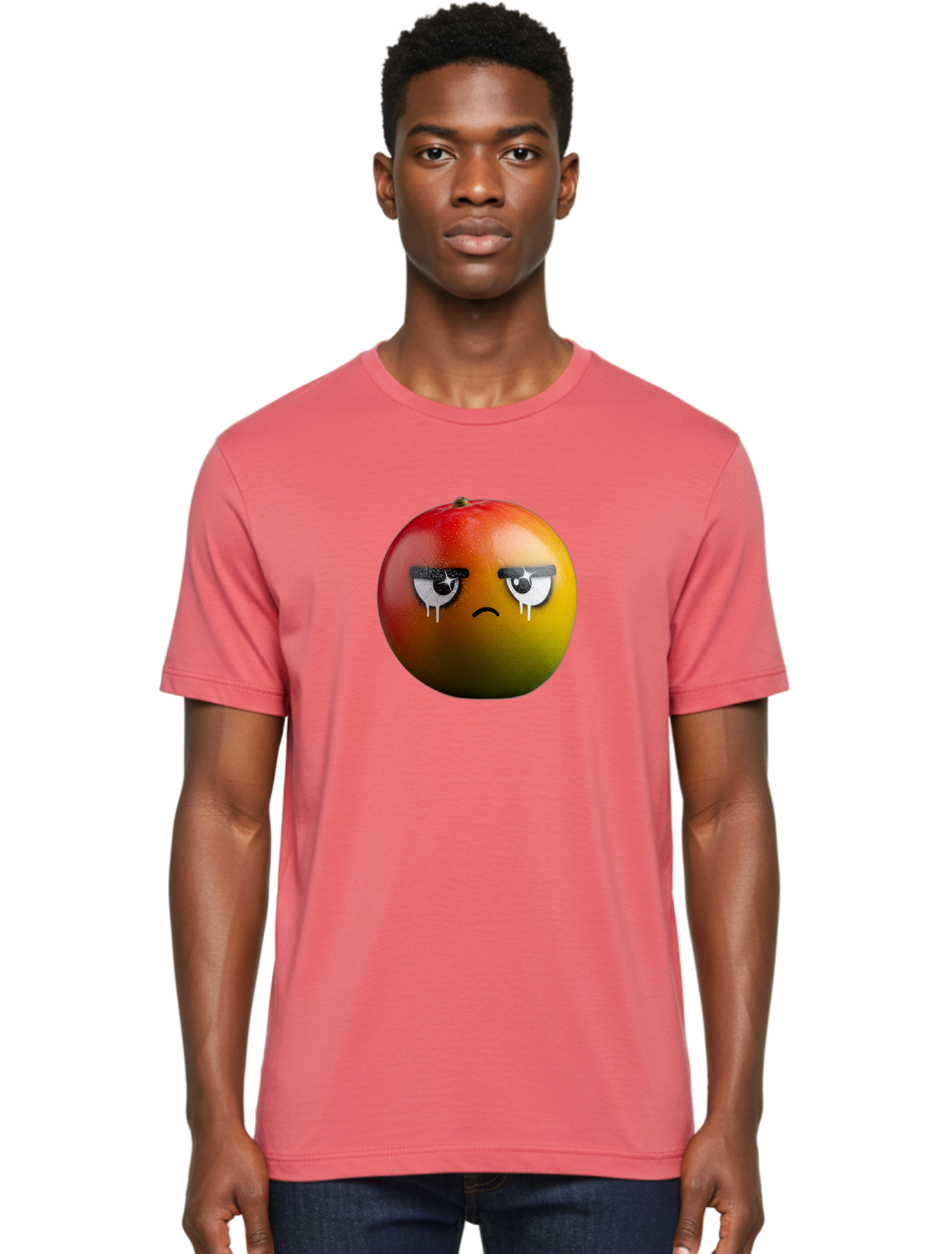 Crying-Mango-1 Men'S Graphic Tee, 100% Cotton, Comfortable Casual Summer Wear, Machine Washable, Mango With Sad Face, Crying Fruit, Distressed Expression, Emotional Fruit, Vibrant Colors, Artistic Design, Creative Illustration, Digital Art, Bab826
