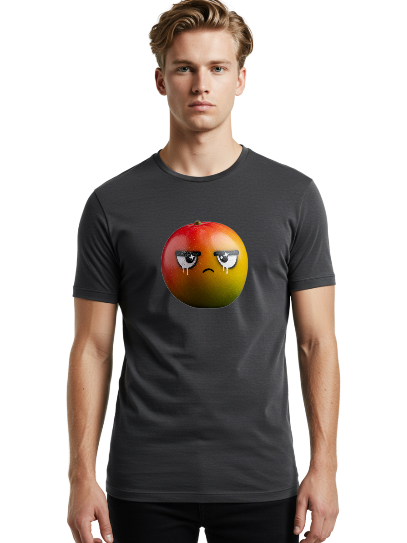 Crying-Mango-1 Men'S Graphic Tee, 100% Cotton, Comfortable Casual Summer Wear, Machine Washable, Mango With Sad Face, Crying Fruit, Distressed Expression, Emotional Fruit, Vibrant Colors, Artistic Design, Creative Illustration, Digital Art, Bab826