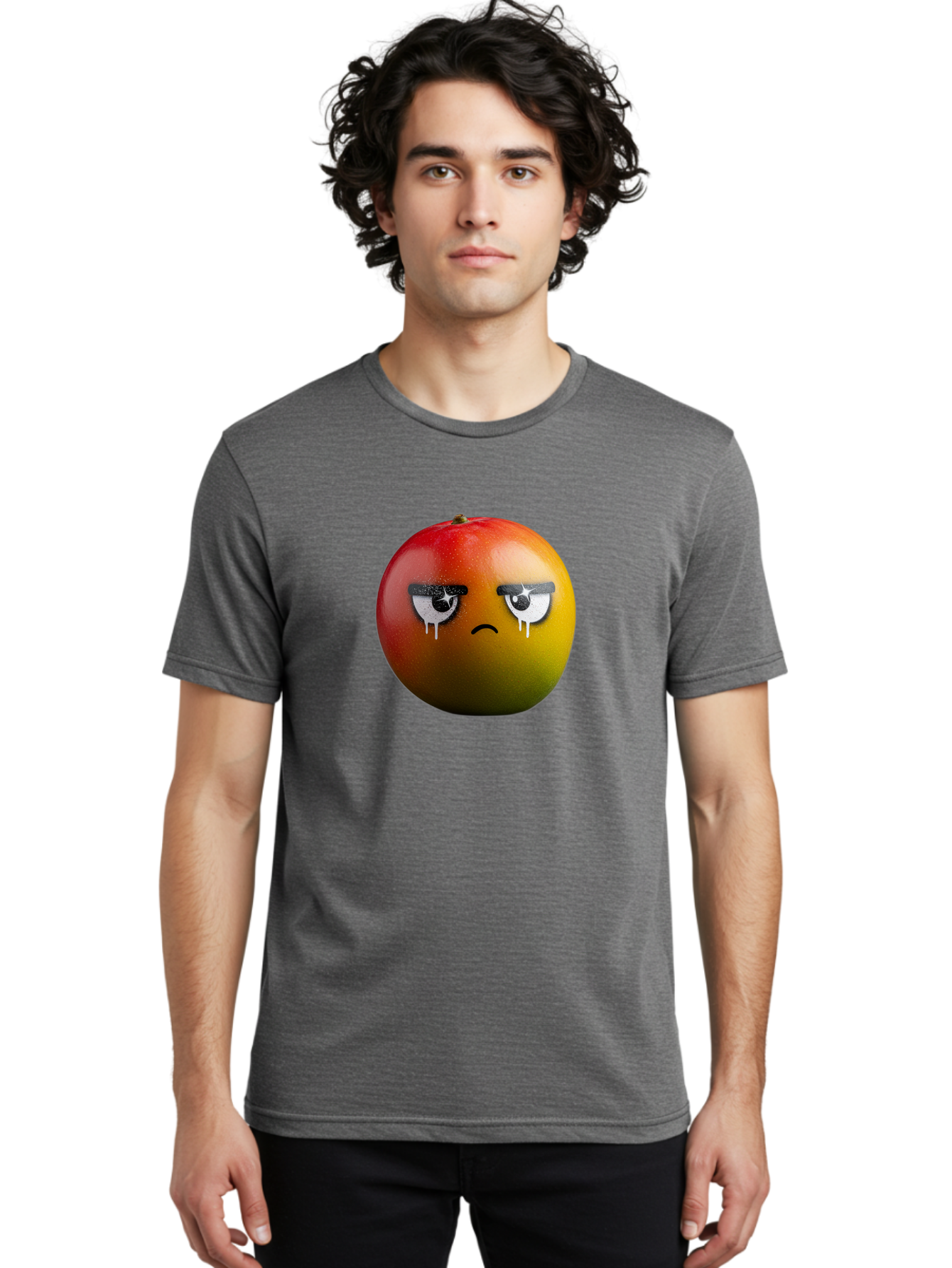 Crying-Mango-1 Men'S Graphic Tee, 100% Cotton, Comfortable Casual Summer Wear, Machine Washable, Mango With Sad Face, Crying Fruit, Distressed Expression, Emotional Fruit, Vibrant Colors, Artistic Design, Creative Illustration, Digital Art, Bab826