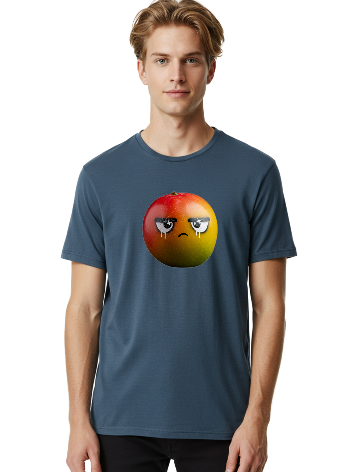 Crying-Mango-1 Men'S Graphic Tee, 100% Cotton, Comfortable Casual Summer Wear, Machine Washable, Mango With Sad Face, Crying Fruit, Distressed Expression, Emotional Fruit, Vibrant Colors, Artistic Design, Creative Illustration, Digital Art, Bab826