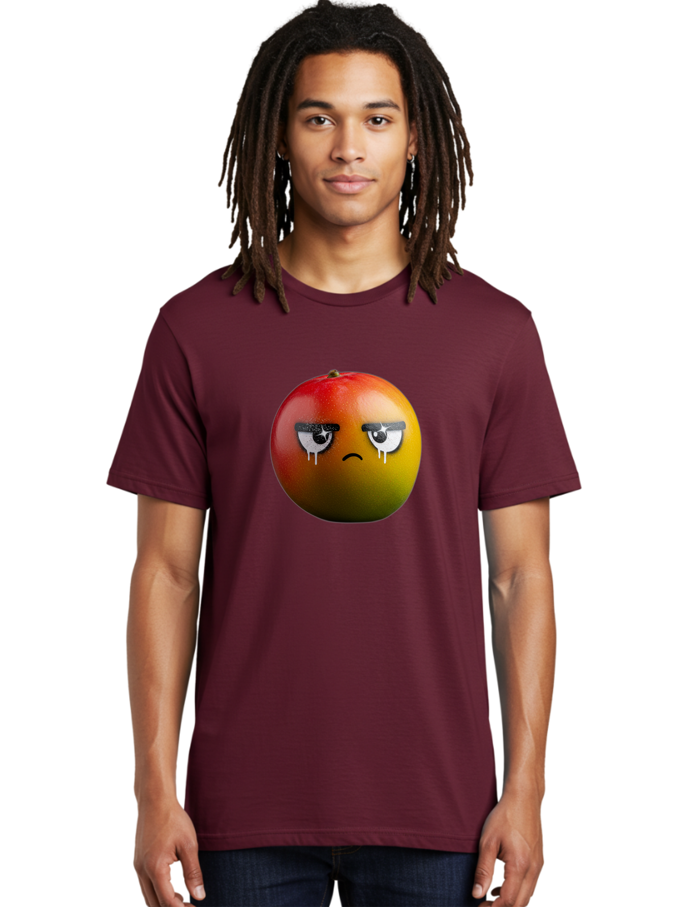Crying-Mango-1 Men'S Graphic Tee, 100% Cotton, Comfortable Casual Summer Wear, Machine Washable, Mango With Sad Face, Crying Fruit, Distressed Expression, Emotional Fruit, Vibrant Colors, Artistic Design, Creative Illustration, Digital Art, Bab826