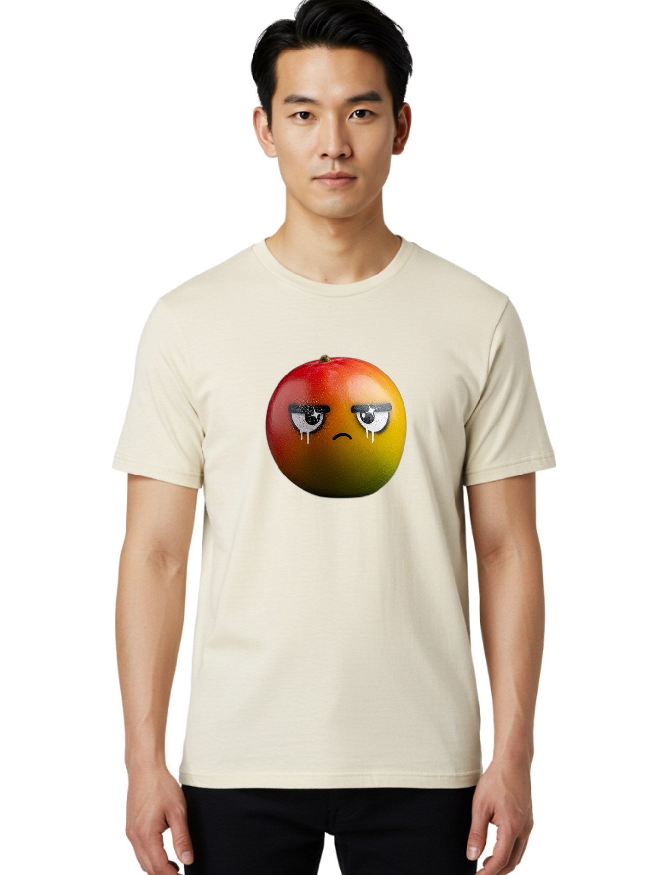 Crying-Mango-1 Men'S Graphic Tee, 100% Cotton, Comfortable Casual Summer Wear, Machine Washable, Mango With Sad Face, Crying Fruit, Distressed Expression, Emotional Fruit, Vibrant Colors, Artistic Design, Creative Illustration, Digital Art, Bab826