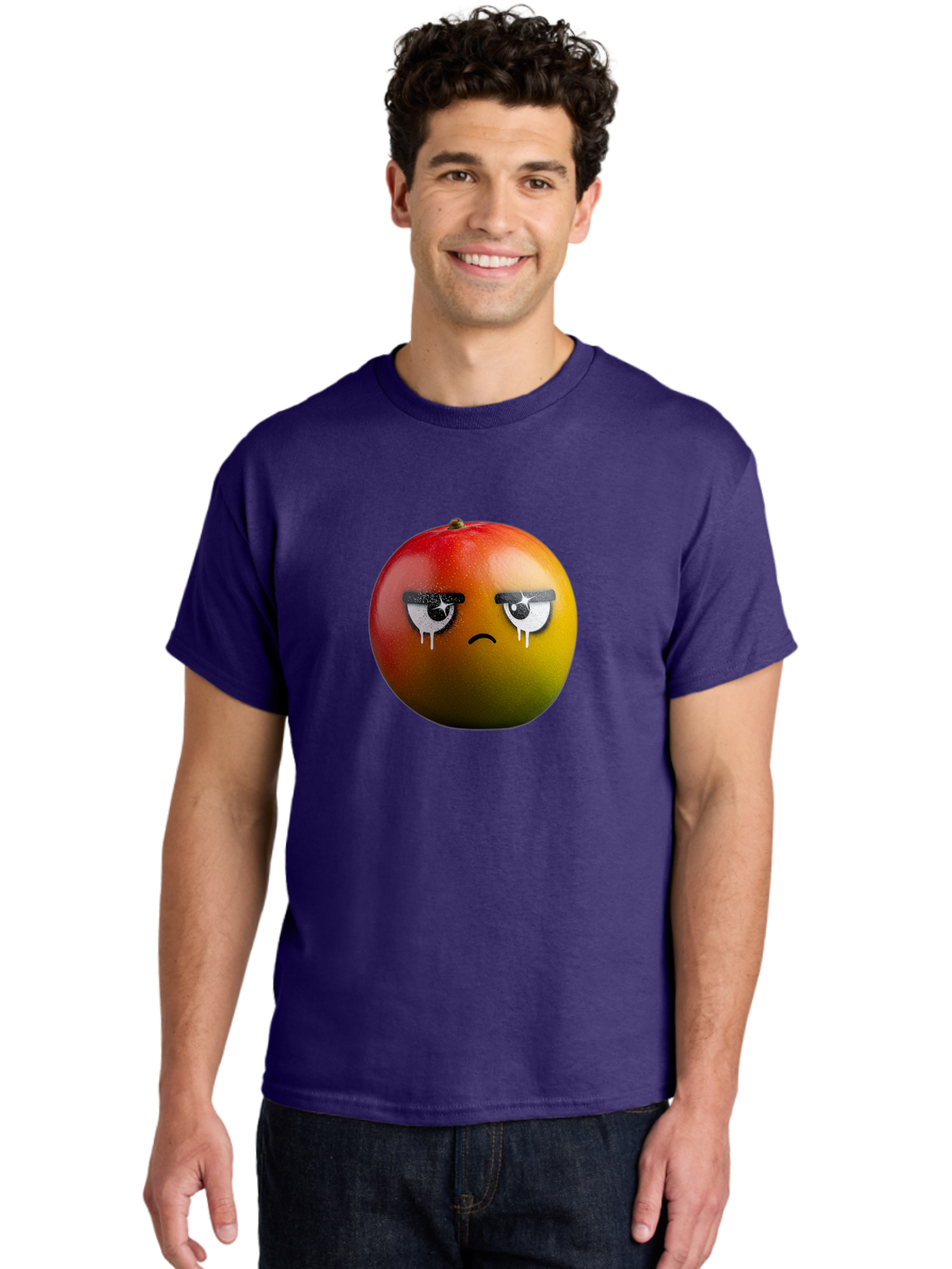 Crying-Mango-1 Men'S Graphic Tee, 100% Cotton, Comfortable Casual Summer Wear, Machine Washable, Mango With Sad Face, Crying Fruit, Distressed Expression, Emotional Fruit, Vibrant Colors, Artistic Design, Creative Illustration, Digital Art, Bab826