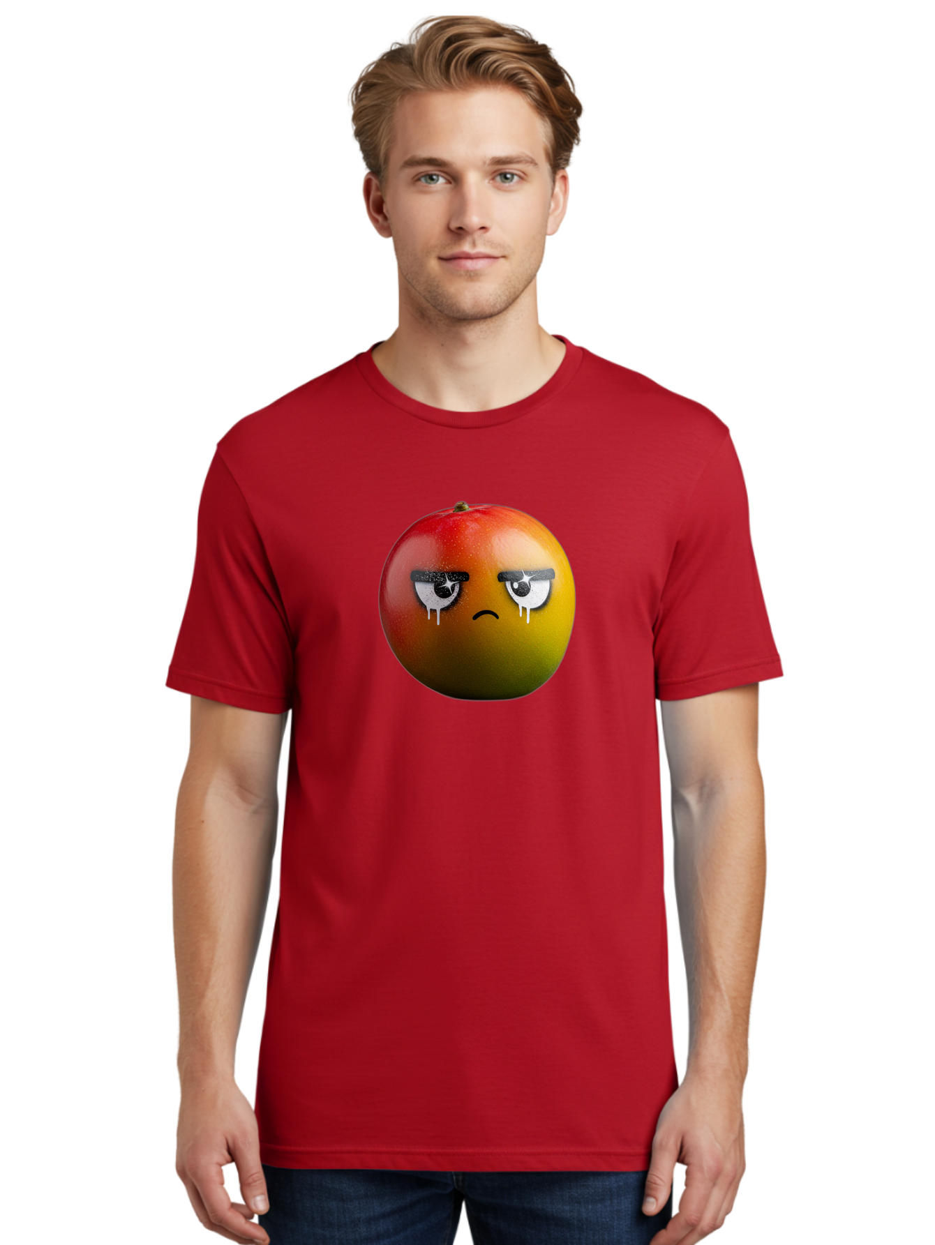 Crying-Mango-1 Men'S Graphic Tee, 100% Cotton, Comfortable Casual Summer Wear, Machine Washable, Mango With Sad Face, Crying Fruit, Distressed Expression, Emotional Fruit, Vibrant Colors, Artistic Design, Creative Illustration, Digital Art, Bab826