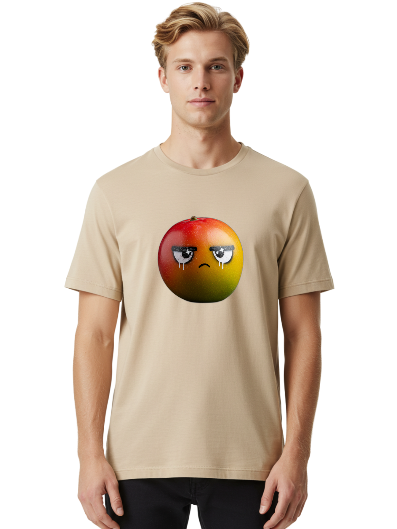 Crying-Mango-1 Men'S Graphic Tee, 100% Cotton, Comfortable Casual Summer Wear, Machine Washable, Mango With Sad Face, Crying Fruit, Distressed Expression, Emotional Fruit, Vibrant Colors, Artistic Design, Creative Illustration, Digital Art, Bab826