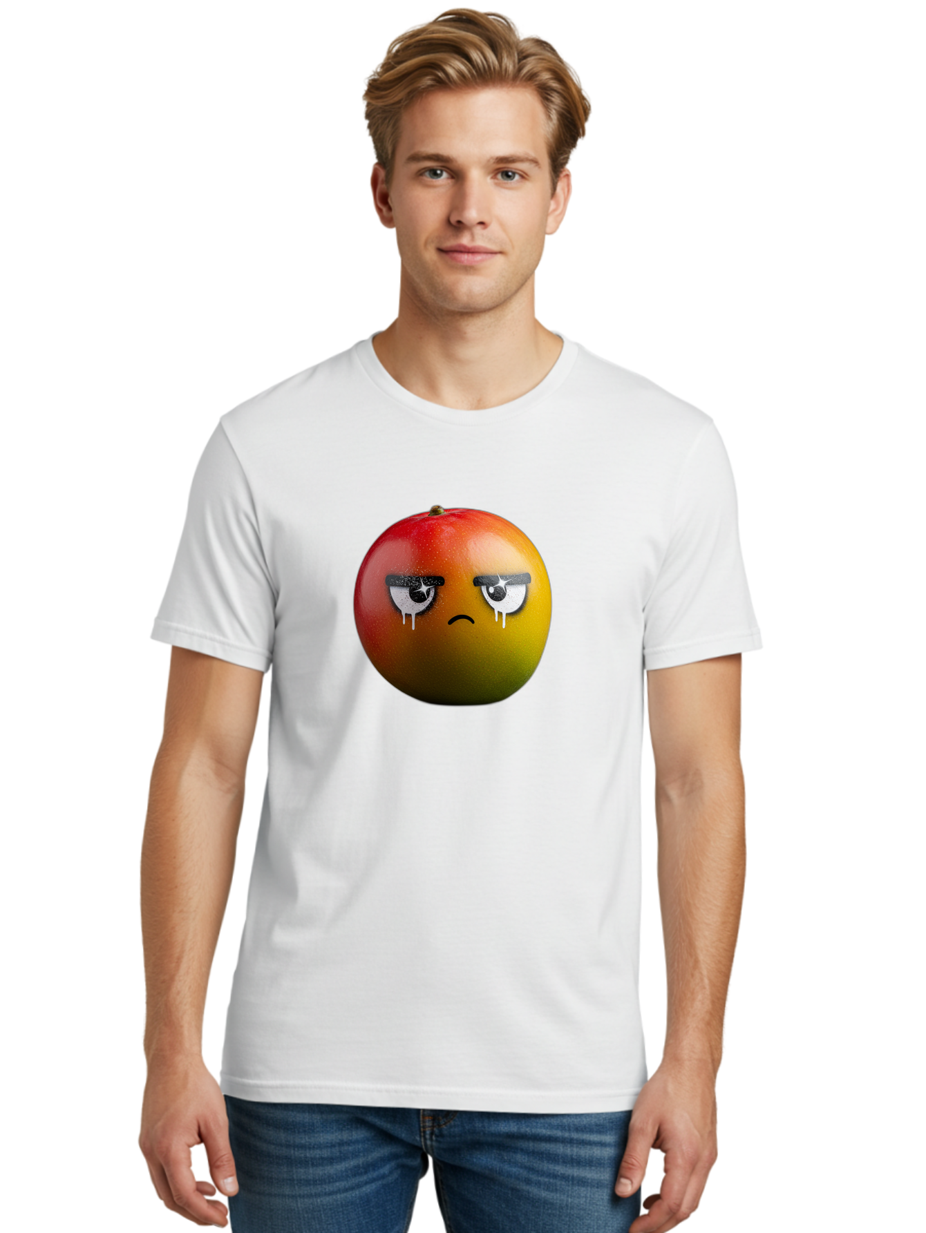 Crying-Mango-1 Men'S Graphic Tee, 100% Cotton, Comfortable Casual Summer Wear, Machine Washable, Mango With Sad Face, Crying Fruit, Distressed Expression, Emotional Fruit, Vibrant Colors, Artistic Design, Creative Illustration, Digital Art, Bab826