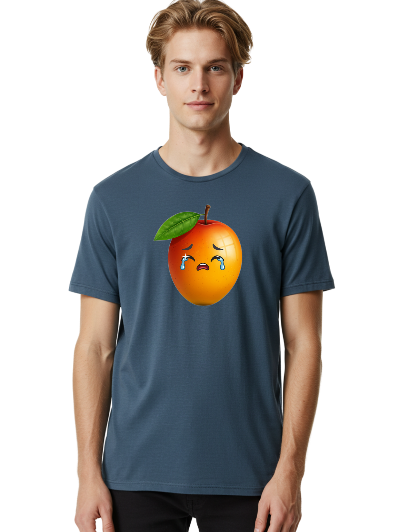 Crying-Peach Men'S Graphic Tee, 100% Cotton, Comfortable Casual Summer Wear, Machine Washable, Peach Fruit, Crying Face, Sad Expression, Tears, Sorrowful Emoji, Fruit Emoji, Emotional Face, Crying Peach, Peach With Tears Bab828