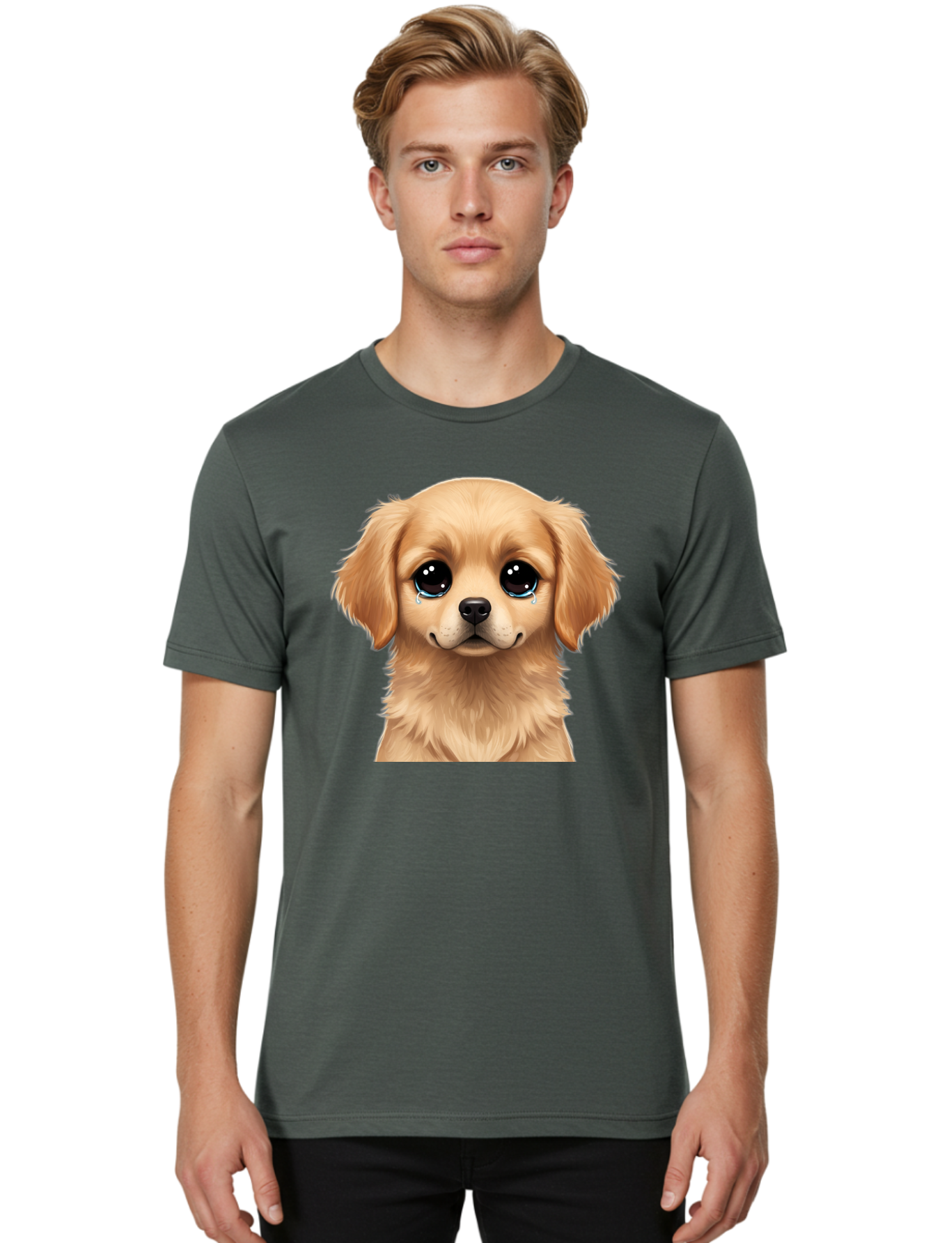 Crying-Puppy Men'S Graphic Tee, 100% Cotton, Comfortable Casual Summer Wear, Machine Washable, Sad Puppy, Crying Dog, Puppy Face, Sad Eyes, Dog Tears, Sorrowful Puppy, Adorable Puppy, Cute Dog, Dog Emotions Bab830