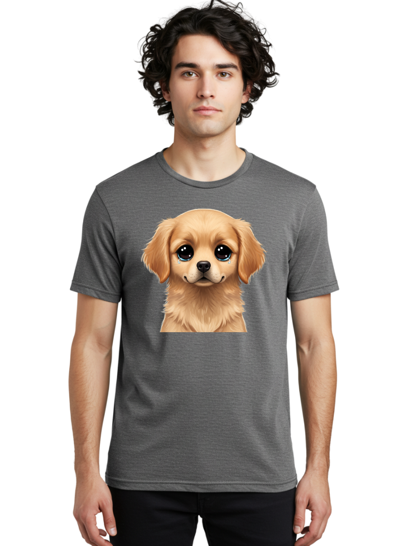 Crying-Puppy Men'S Graphic Tee, 100% Cotton, Comfortable Casual Summer Wear, Machine Washable, Sad Puppy, Crying Dog, Puppy Face, Sad Eyes, Dog Tears, Sorrowful Puppy, Adorable Puppy, Cute Dog, Dog Emotions Bab830