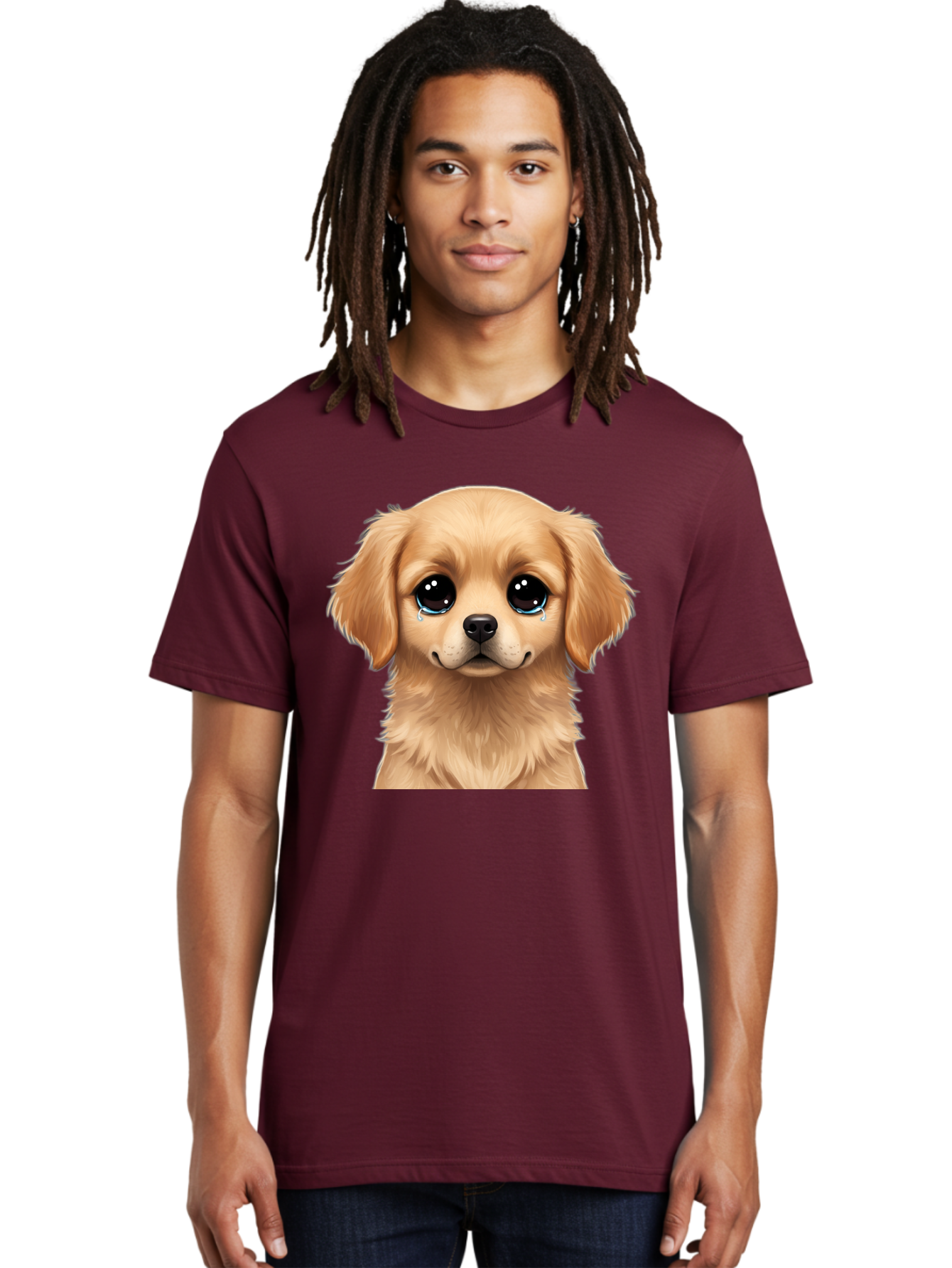 Crying-Puppy Men'S Graphic Tee, 100% Cotton, Comfortable Casual Summer Wear, Machine Washable, Sad Puppy, Crying Dog, Puppy Face, Sad Eyes, Dog Tears, Sorrowful Puppy, Adorable Puppy, Cute Dog, Dog Emotions Bab830