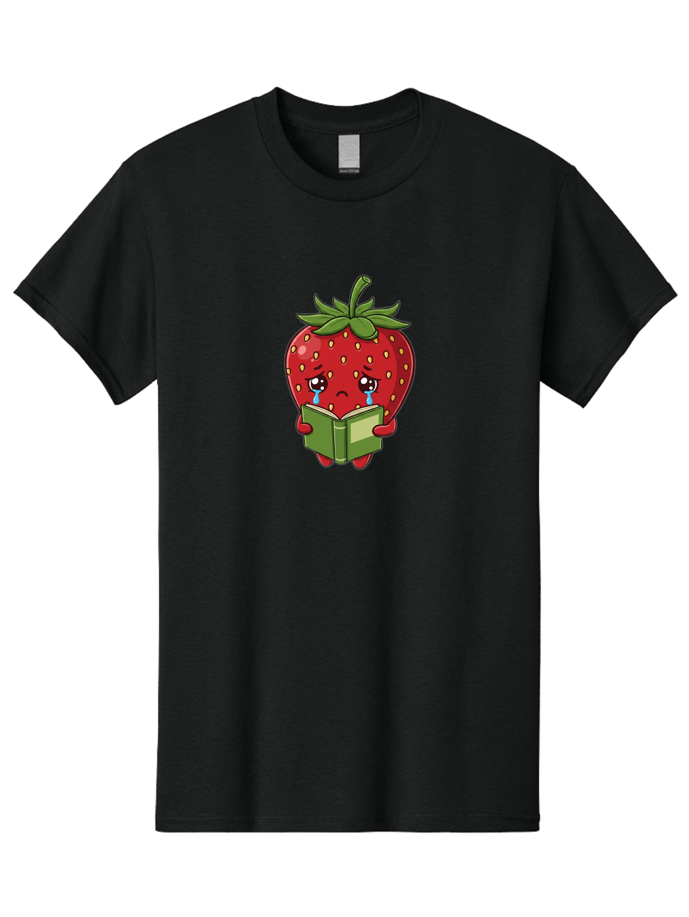 Crying-Strawberry Men'S Graphic Tee, 100% Cotton, Comfortable Casual Summer Wear, Machine Washable, Sad Strawberry, Crying While Reading, Emotional Fruit, Cartoon Character, Green Book, Tears Streaming Down, Sorrowful Expression, Bab831