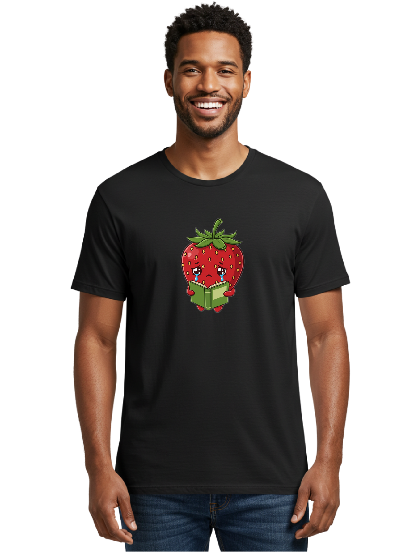 Crying-Strawberry Men'S Graphic Tee, 100% Cotton, Comfortable Casual Summer Wear, Machine Washable, Sad Strawberry, Crying While Reading, Emotional Fruit, Cartoon Character, Green Book, Tears Streaming Down, Sorrowful Expression, Bab831
