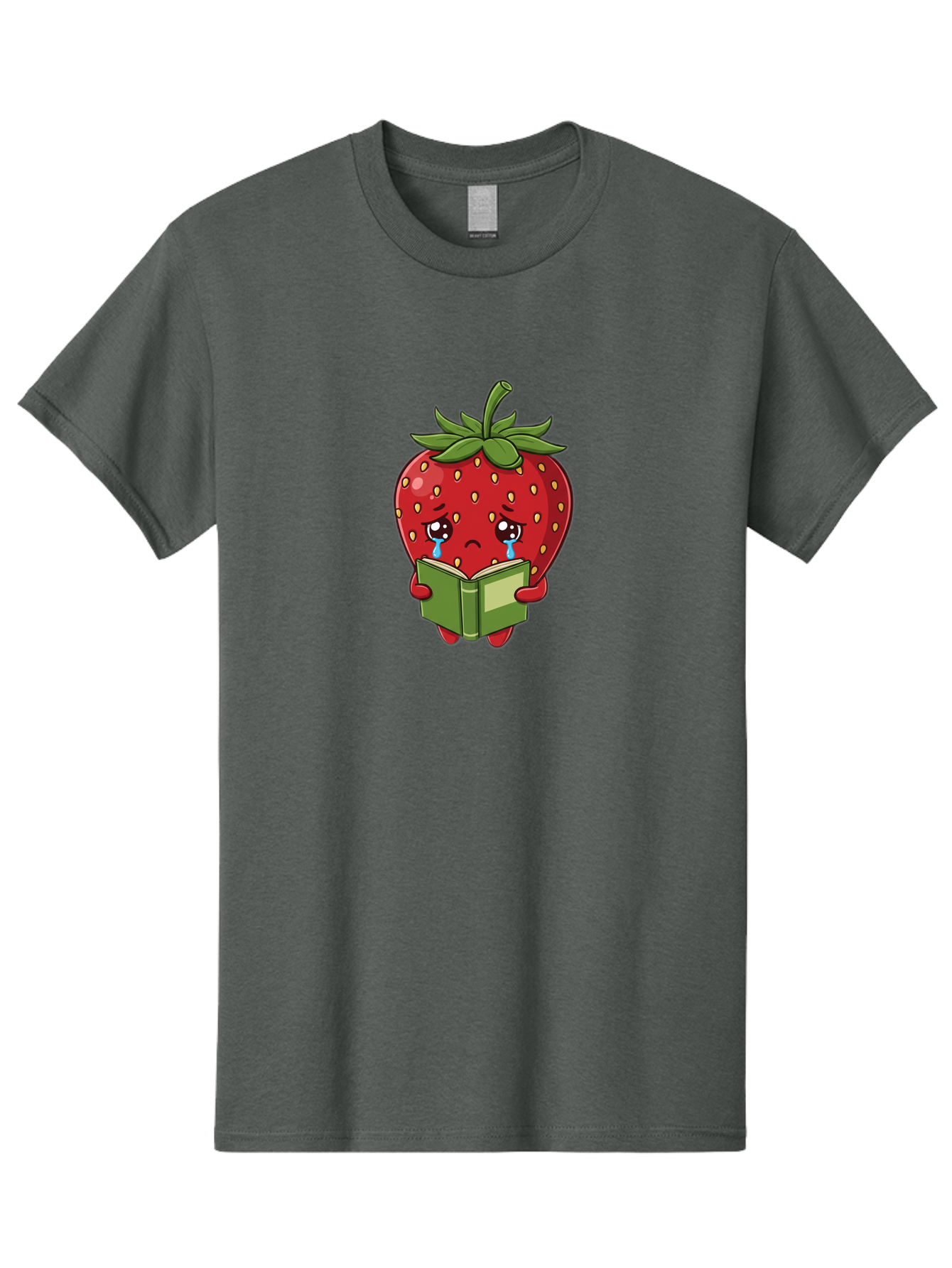 Crying-Strawberry Men'S Graphic Tee, 100% Cotton, Comfortable Casual Summer Wear, Machine Washable, Sad Strawberry, Crying While Reading, Emotional Fruit, Cartoon Character, Green Book, Tears Streaming Down, Sorrowful Expression, Bab831
