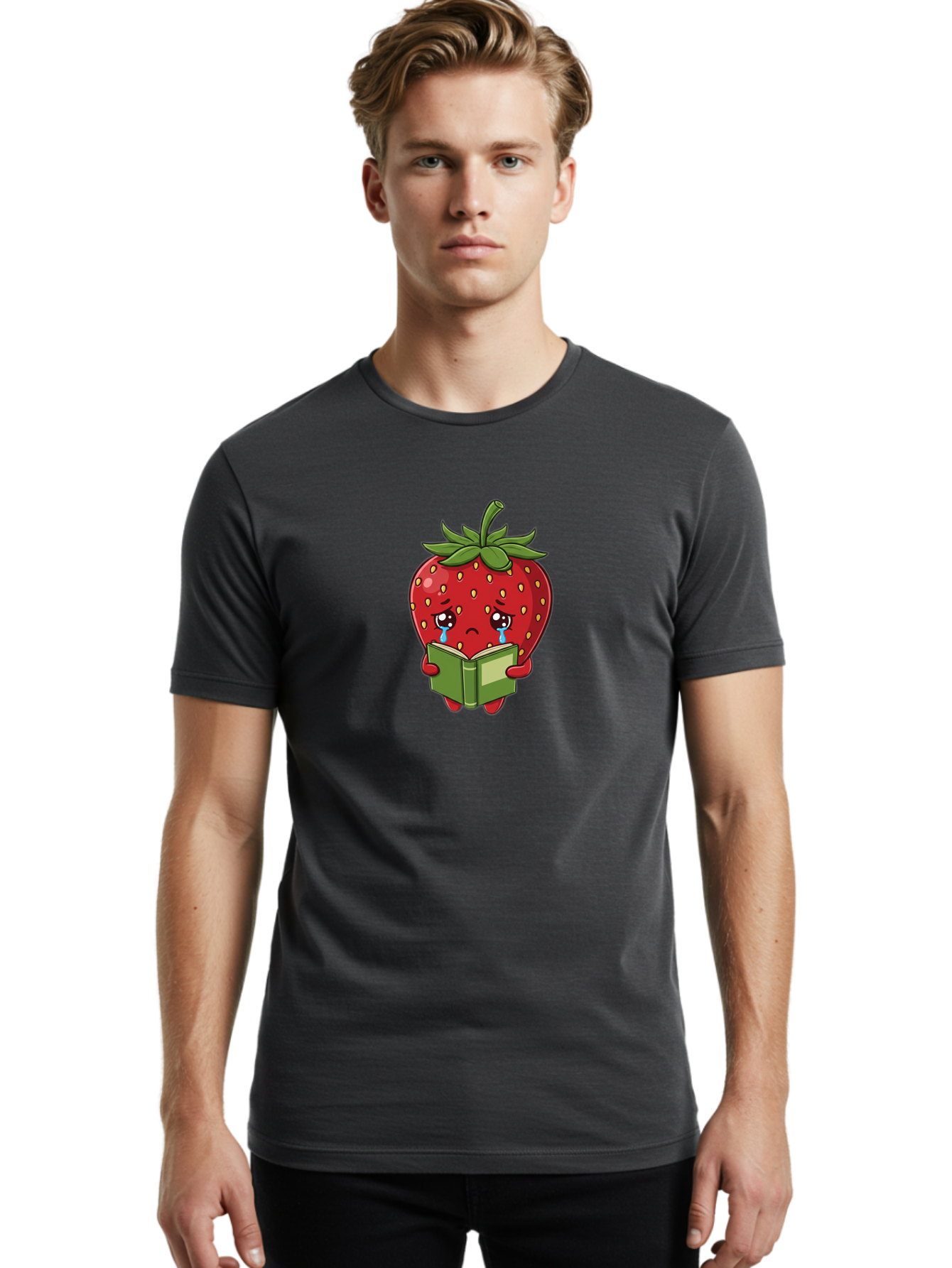 Crying-Strawberry Men'S Graphic Tee, 100% Cotton, Comfortable Casual Summer Wear, Machine Washable, Sad Strawberry, Crying While Reading, Emotional Fruit, Cartoon Character, Green Book, Tears Streaming Down, Sorrowful Expression, Bab831