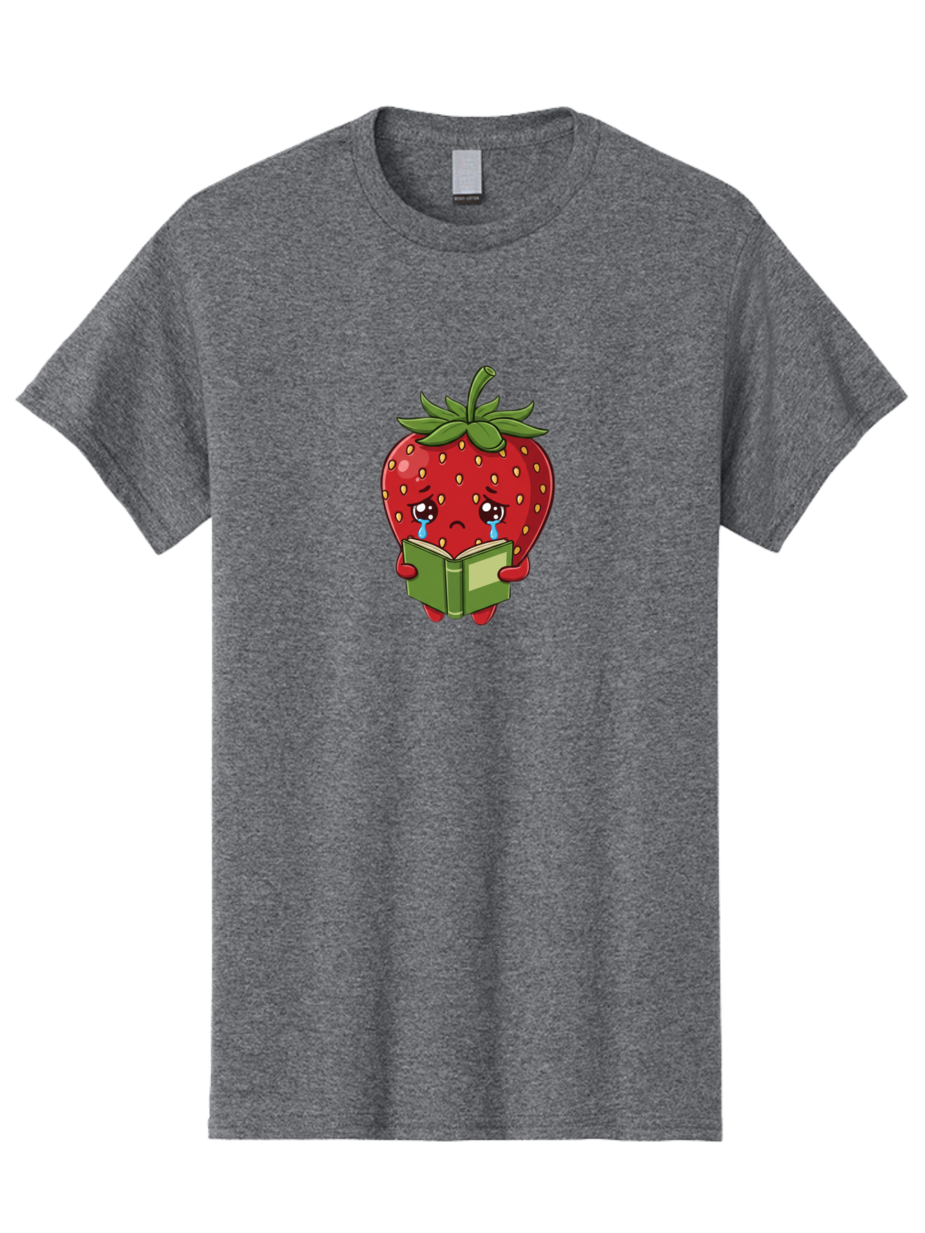 Crying-Strawberry Men'S Graphic Tee, 100% Cotton, Comfortable Casual Summer Wear, Machine Washable, Sad Strawberry, Crying While Reading, Emotional Fruit, Cartoon Character, Green Book, Tears Streaming Down, Sorrowful Expression, Bab831