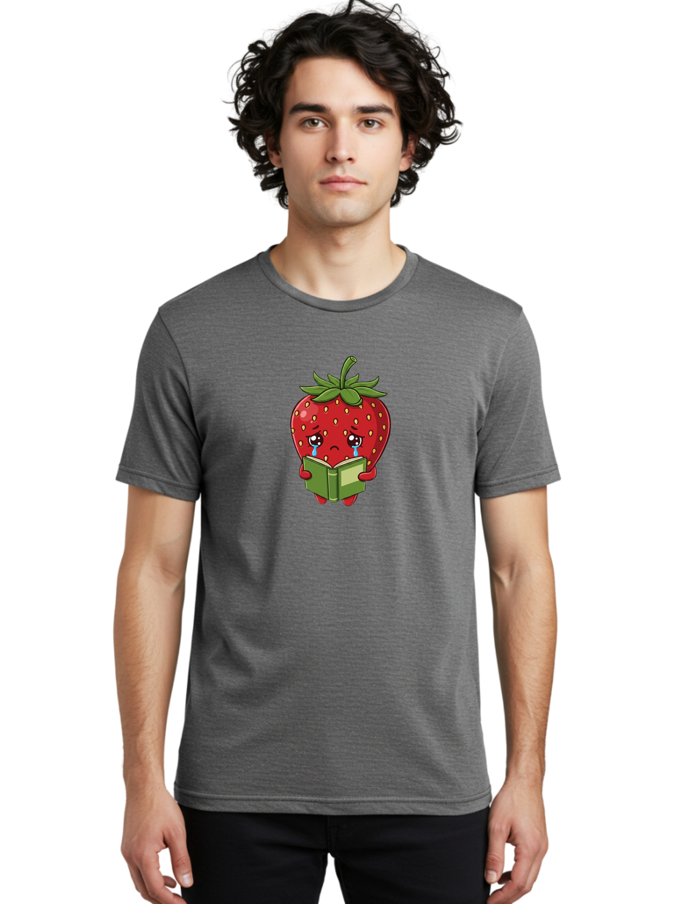 Crying-Strawberry Men'S Graphic Tee, 100% Cotton, Comfortable Casual Summer Wear, Machine Washable, Sad Strawberry, Crying While Reading, Emotional Fruit, Cartoon Character, Green Book, Tears Streaming Down, Sorrowful Expression, Bab831