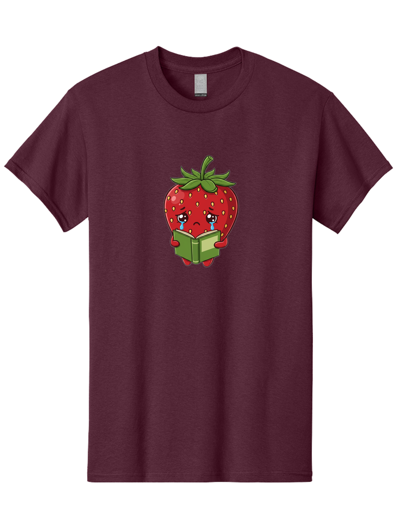 Crying-Strawberry Men'S Graphic Tee, 100% Cotton, Comfortable Casual Summer Wear, Machine Washable, Sad Strawberry, Crying While Reading, Emotional Fruit, Cartoon Character, Green Book, Tears Streaming Down, Sorrowful Expression, Bab831