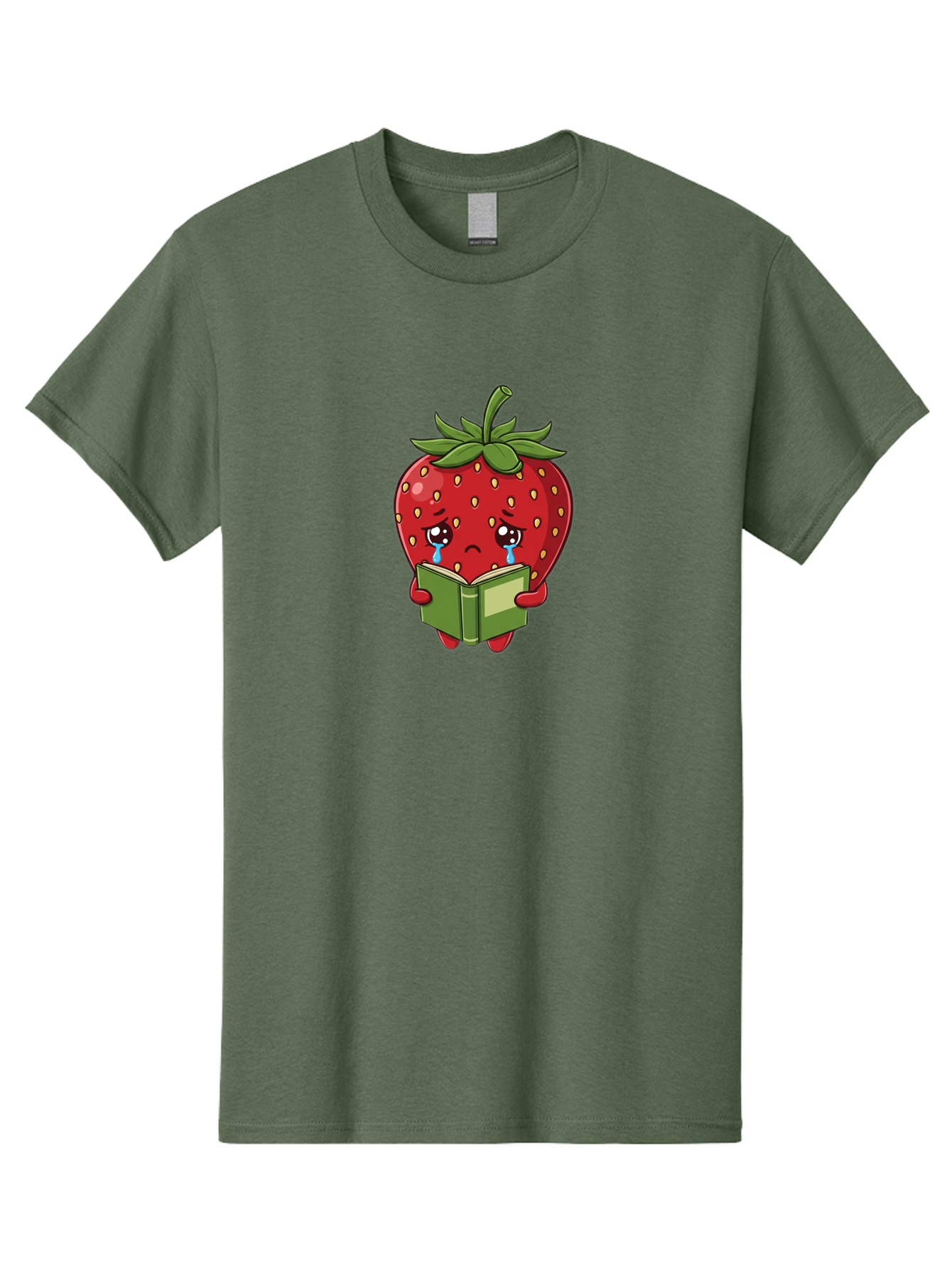Crying-Strawberry Men'S Graphic Tee, 100% Cotton, Comfortable Casual Summer Wear, Machine Washable, Sad Strawberry, Crying While Reading, Emotional Fruit, Cartoon Character, Green Book, Tears Streaming Down, Sorrowful Expression, Bab831