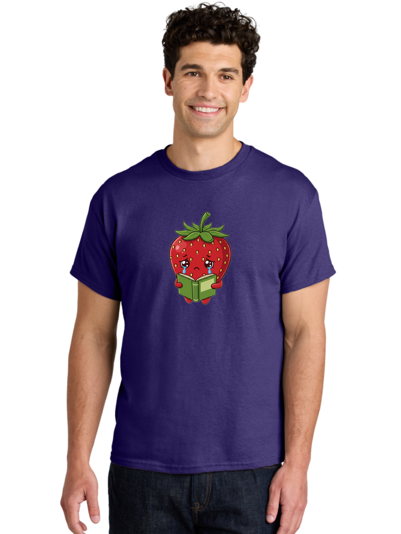 Crying-Strawberry Men'S Graphic Tee, 100% Cotton, Comfortable Casual Summer Wear, Machine Washable, Sad Strawberry, Crying While Reading, Emotional Fruit, Cartoon Character, Green Book, Tears Streaming Down, Sorrowful Expression, Bab831