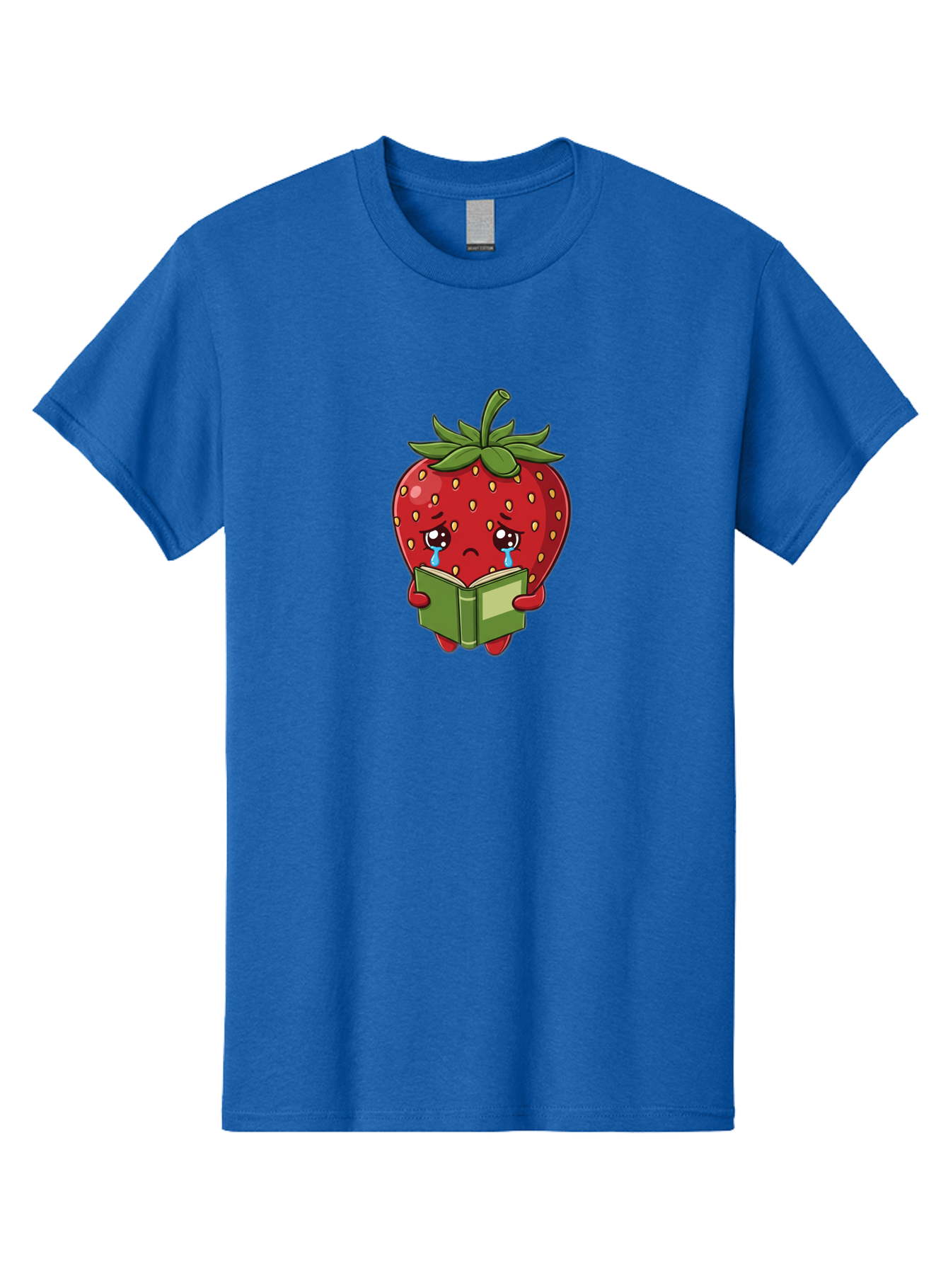 Crying-Strawberry Men'S Graphic Tee, 100% Cotton, Comfortable Casual Summer Wear, Machine Washable, Sad Strawberry, Crying While Reading, Emotional Fruit, Cartoon Character, Green Book, Tears Streaming Down, Sorrowful Expression, Bab831