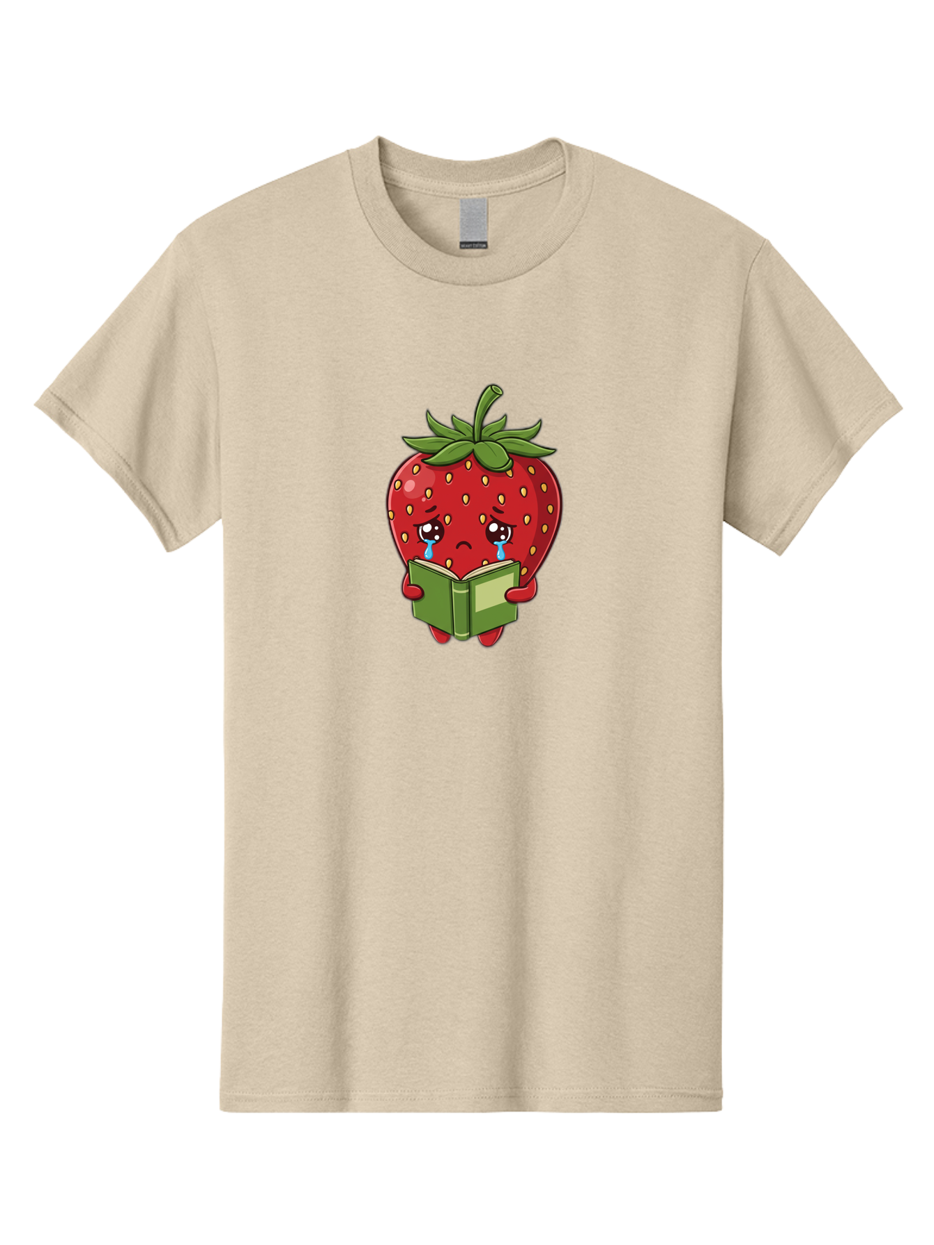 Crying-Strawberry Men'S Graphic Tee, 100% Cotton, Comfortable Casual Summer Wear, Machine Washable, Sad Strawberry, Crying While Reading, Emotional Fruit, Cartoon Character, Green Book, Tears Streaming Down, Sorrowful Expression, Bab831