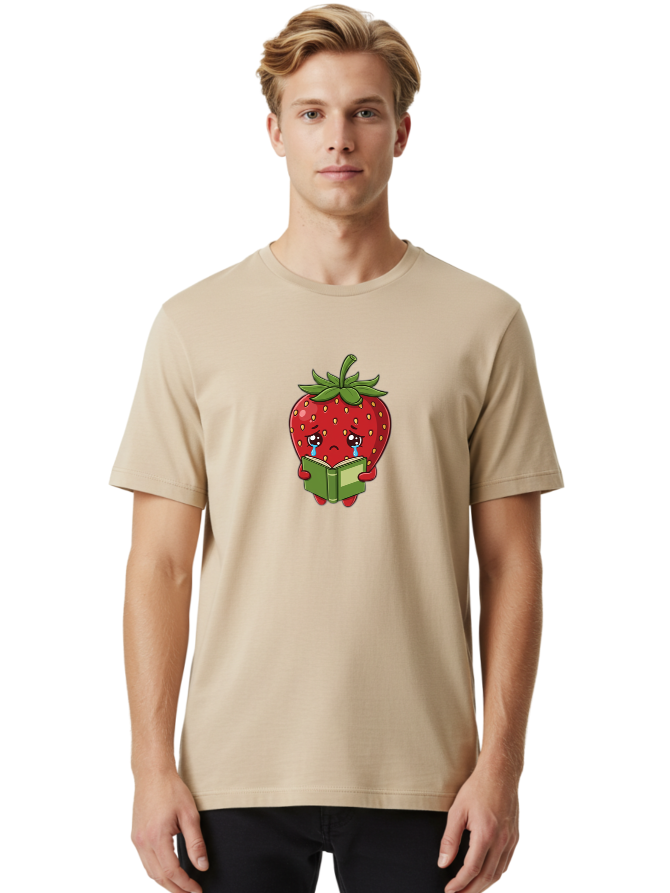 Crying-Strawberry Men'S Graphic Tee, 100% Cotton, Comfortable Casual Summer Wear, Machine Washable, Sad Strawberry, Crying While Reading, Emotional Fruit, Cartoon Character, Green Book, Tears Streaming Down, Sorrowful Expression, Bab831