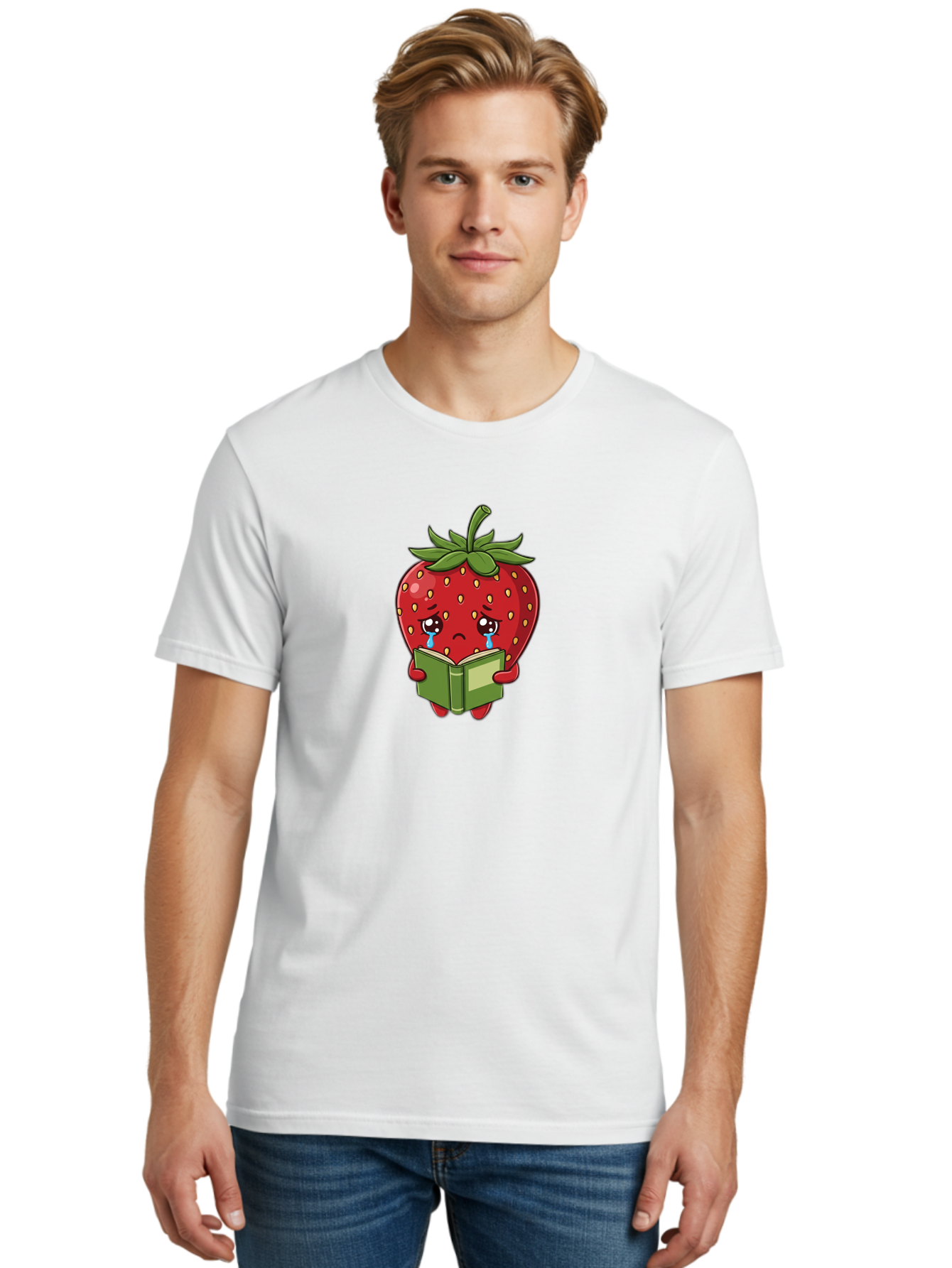 Crying-Strawberry Men'S Graphic Tee, 100% Cotton, Comfortable Casual Summer Wear, Machine Washable, Sad Strawberry, Crying While Reading, Emotional Fruit, Cartoon Character, Green Book, Tears Streaming Down, Sorrowful Expression, Bab831